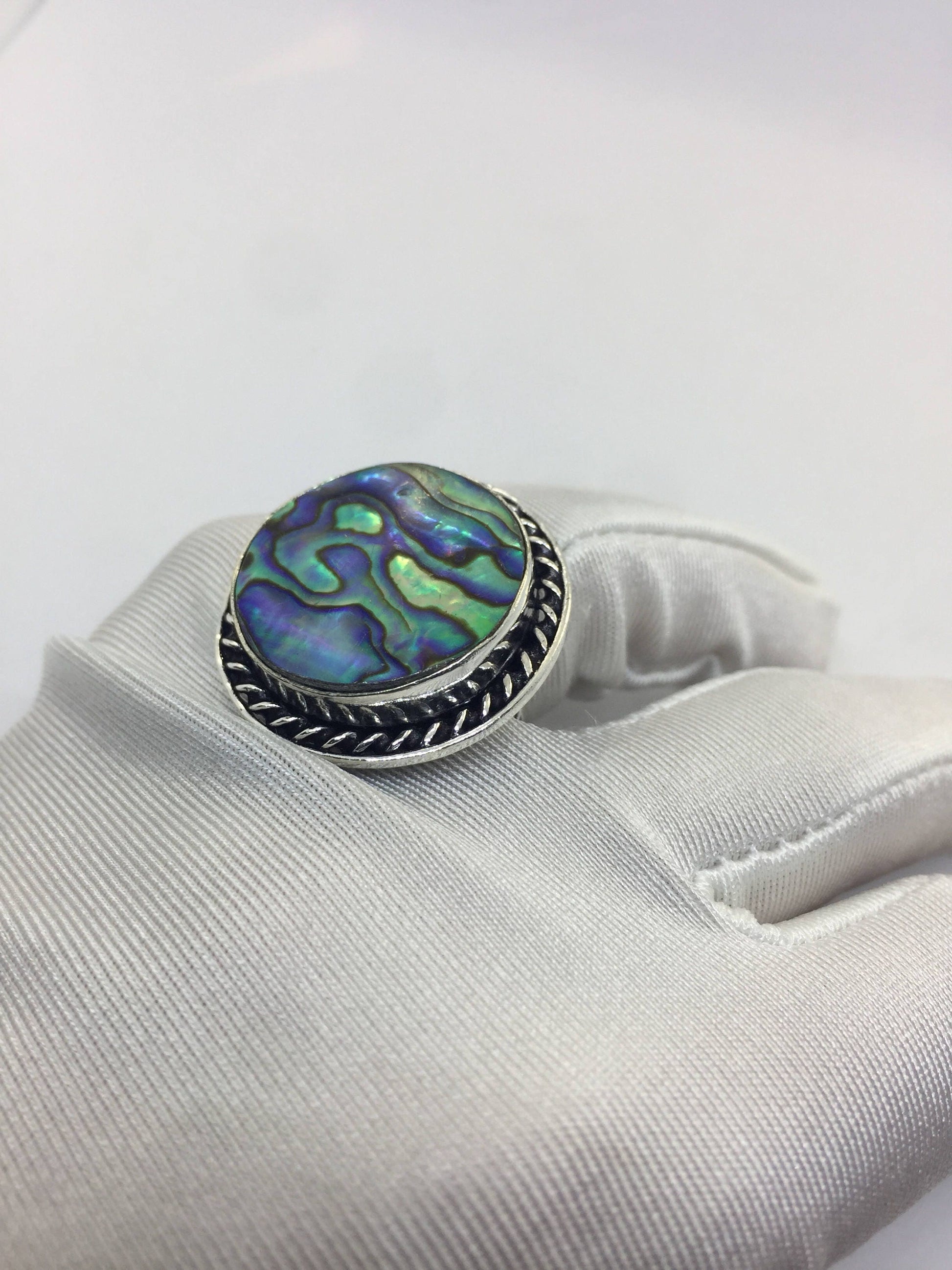 Antique Green Abalone White Bronze Silver Ring