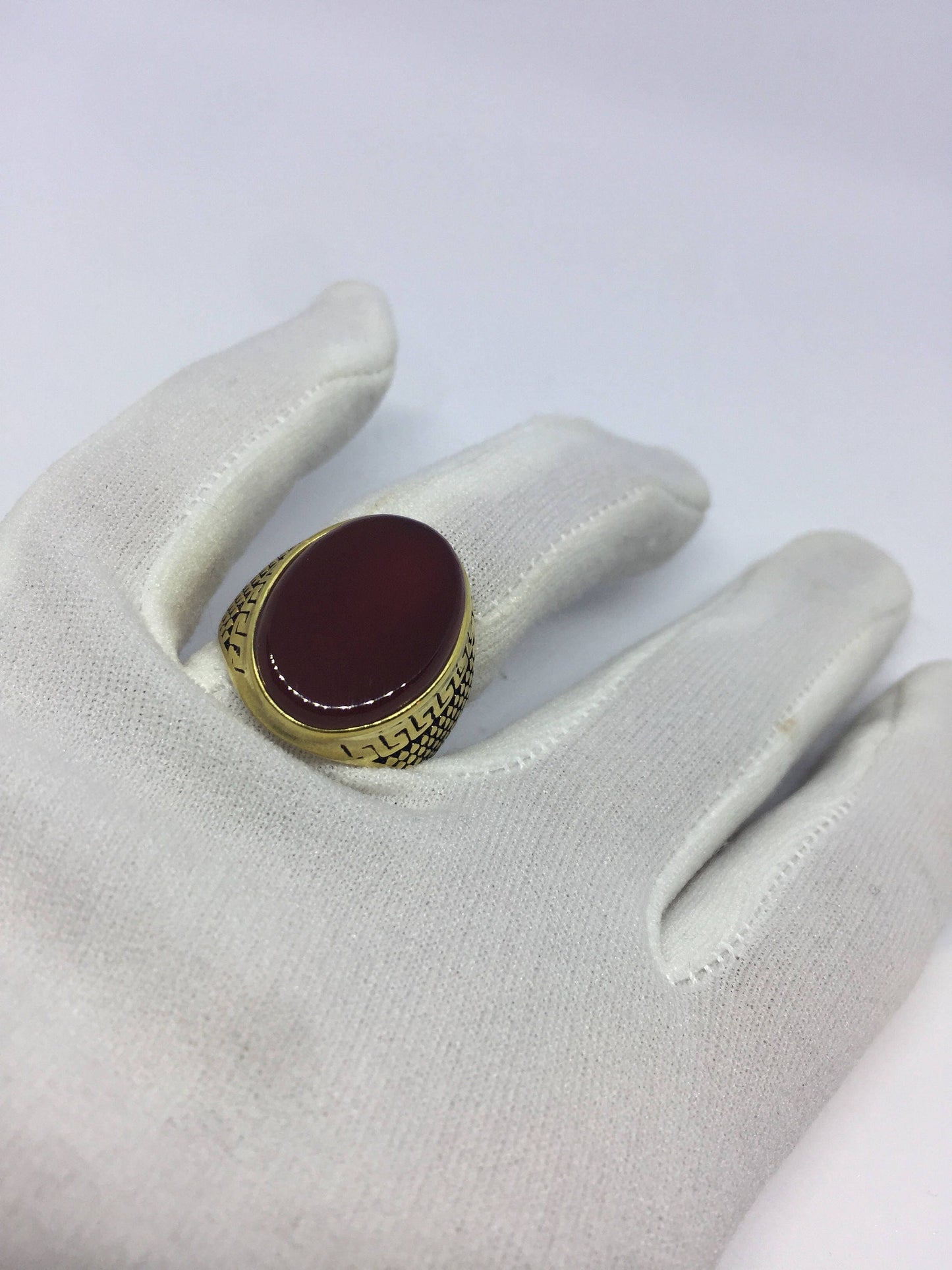 Vintage Gothic Gold Finished Genuine Red Carnelian Mens Ring