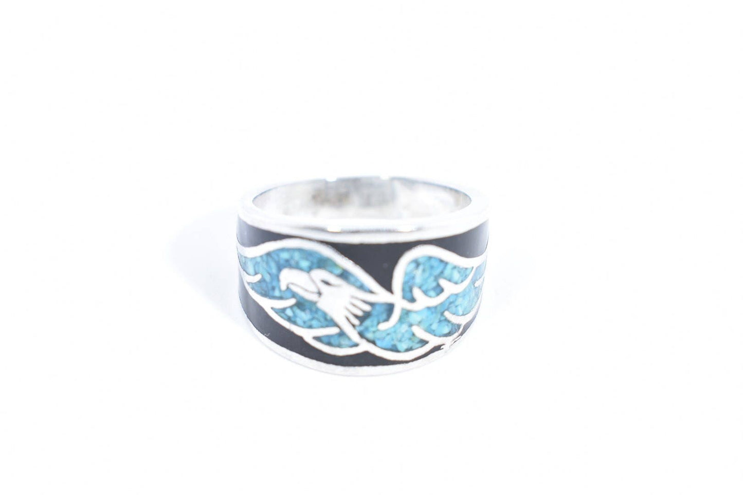 Vintage Native American Style Southwestern Turquoise Stone Inlay Mens Hawk Ring