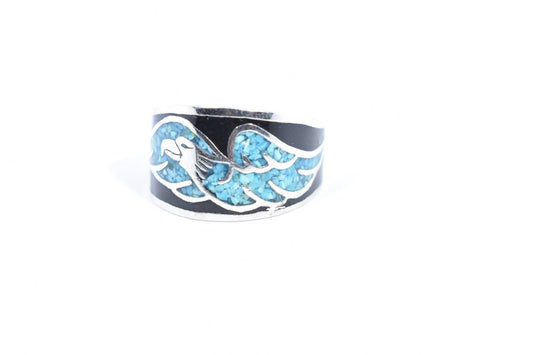 Vintage Native American Style Southwestern Turquoise Stone Inlay Mens Hawk Ring