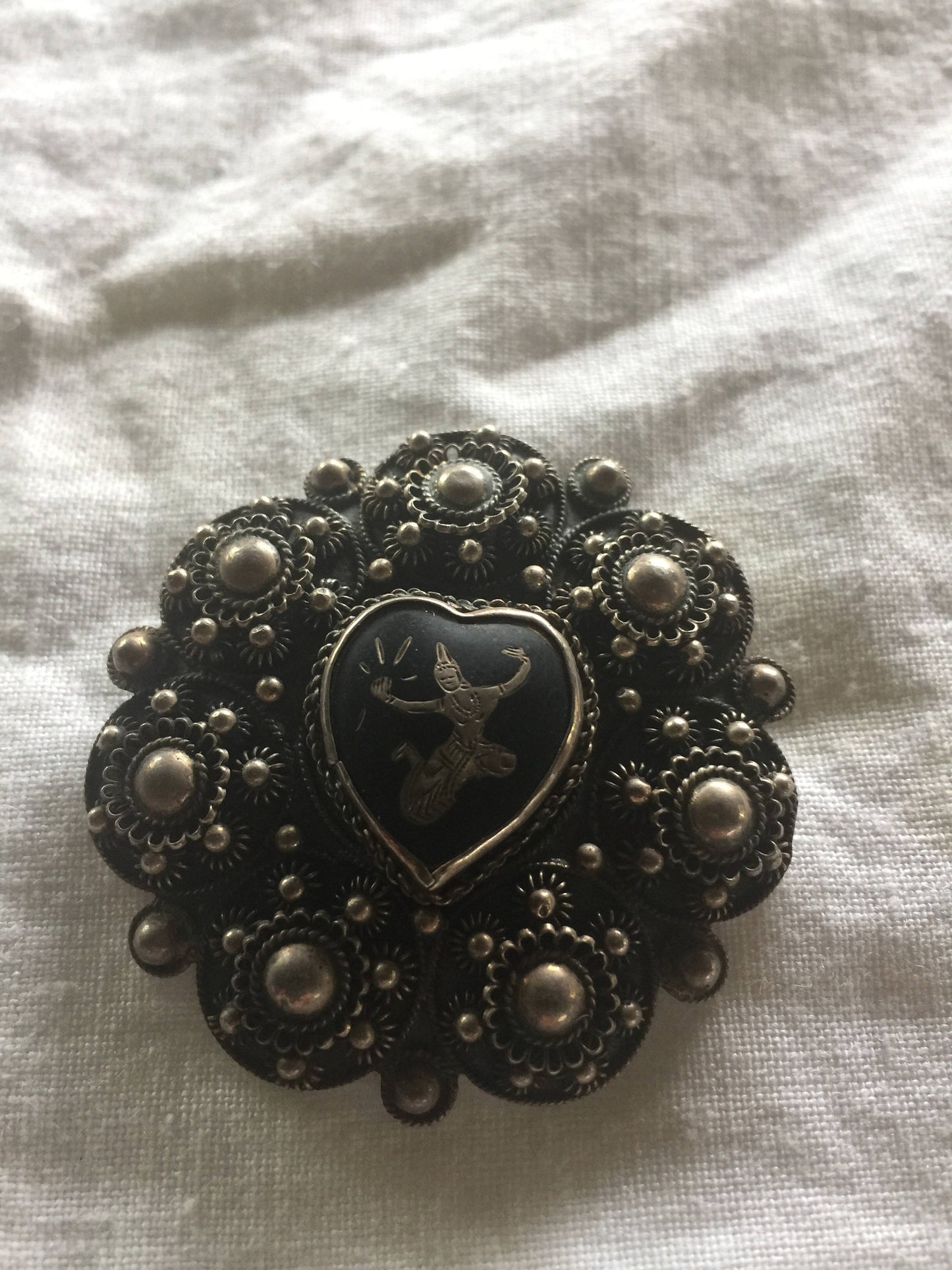 Vintage Hand Made Dancing Goddess Siam 925 Sterling Silver Heart Brooch Pin