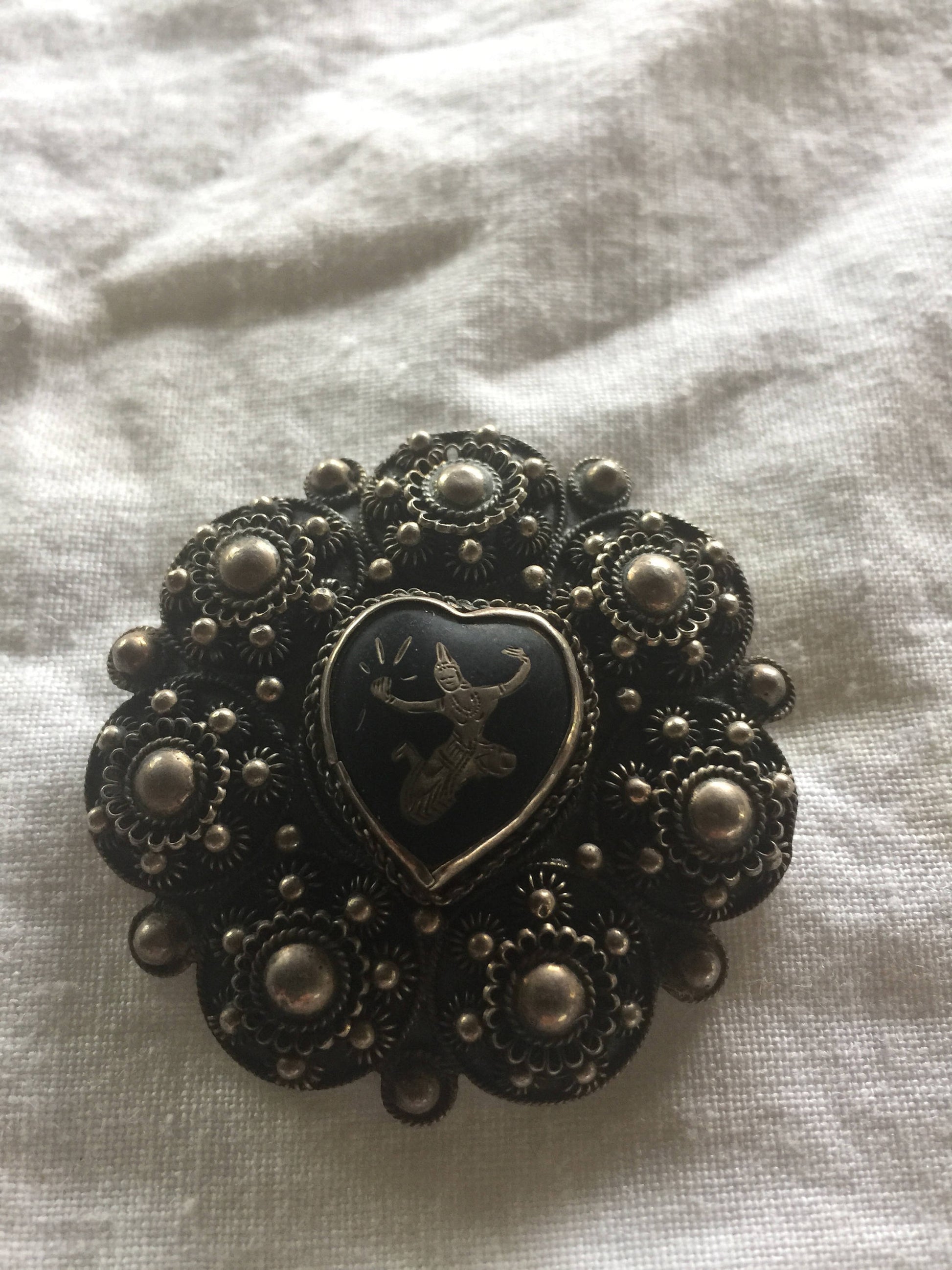 Vintage Hand Made Dancing Goddess Siam 925 Sterling Silver Heart Brooch Pin