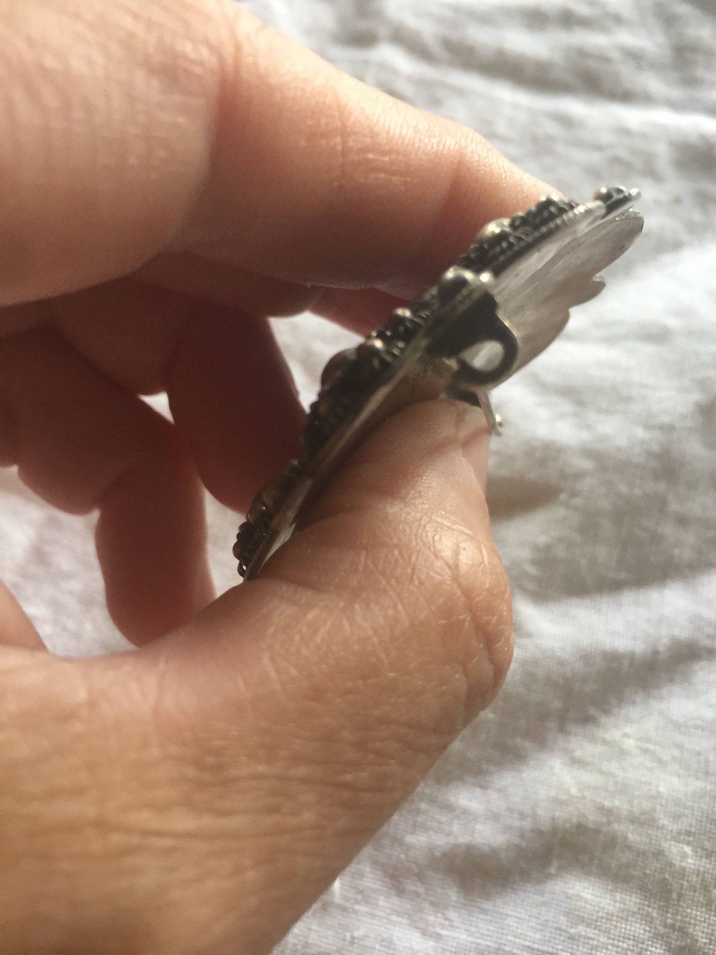 Vintage Hand Made Dancing Goddess Siam 925 Sterling Silver Heart Brooch Pin