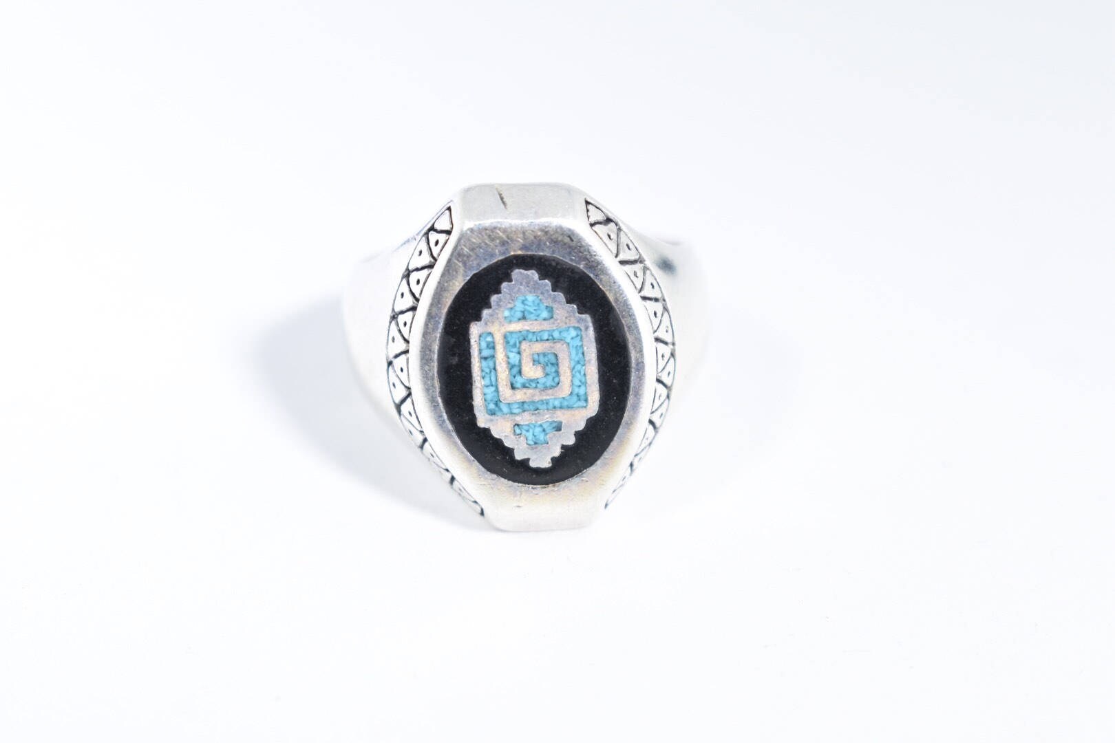 Vintage Native American Style Southwestern Turquoise Stone Inlay Men's Ring