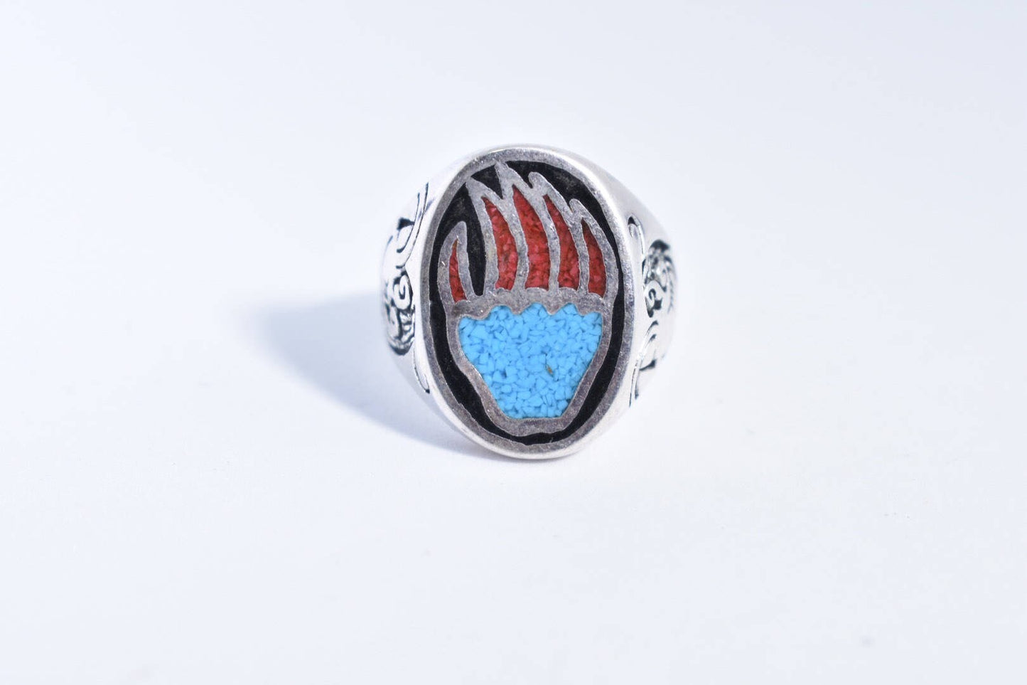 Vintage Native American Southwestern Style Turquoise Stone Inlay Mens Bear Paw Ring