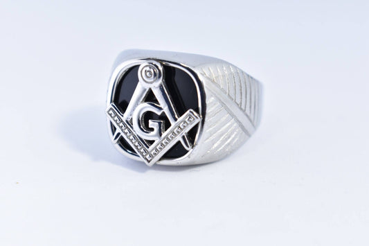 Vintage Gothic Silver Stainless Steel Genuine Black Onyx Free Mason Apprentice Men's Ring