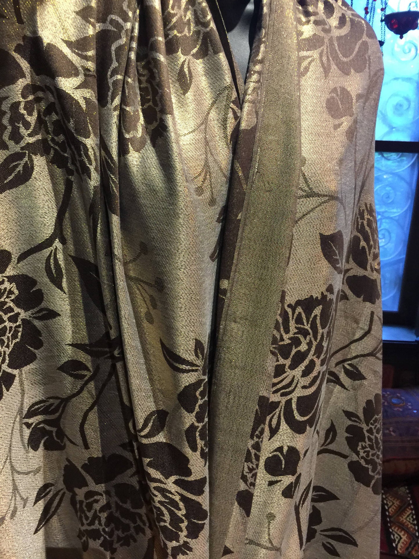 Vintage Brown Gold Flower Brocade Pashmina Scarf Wrap