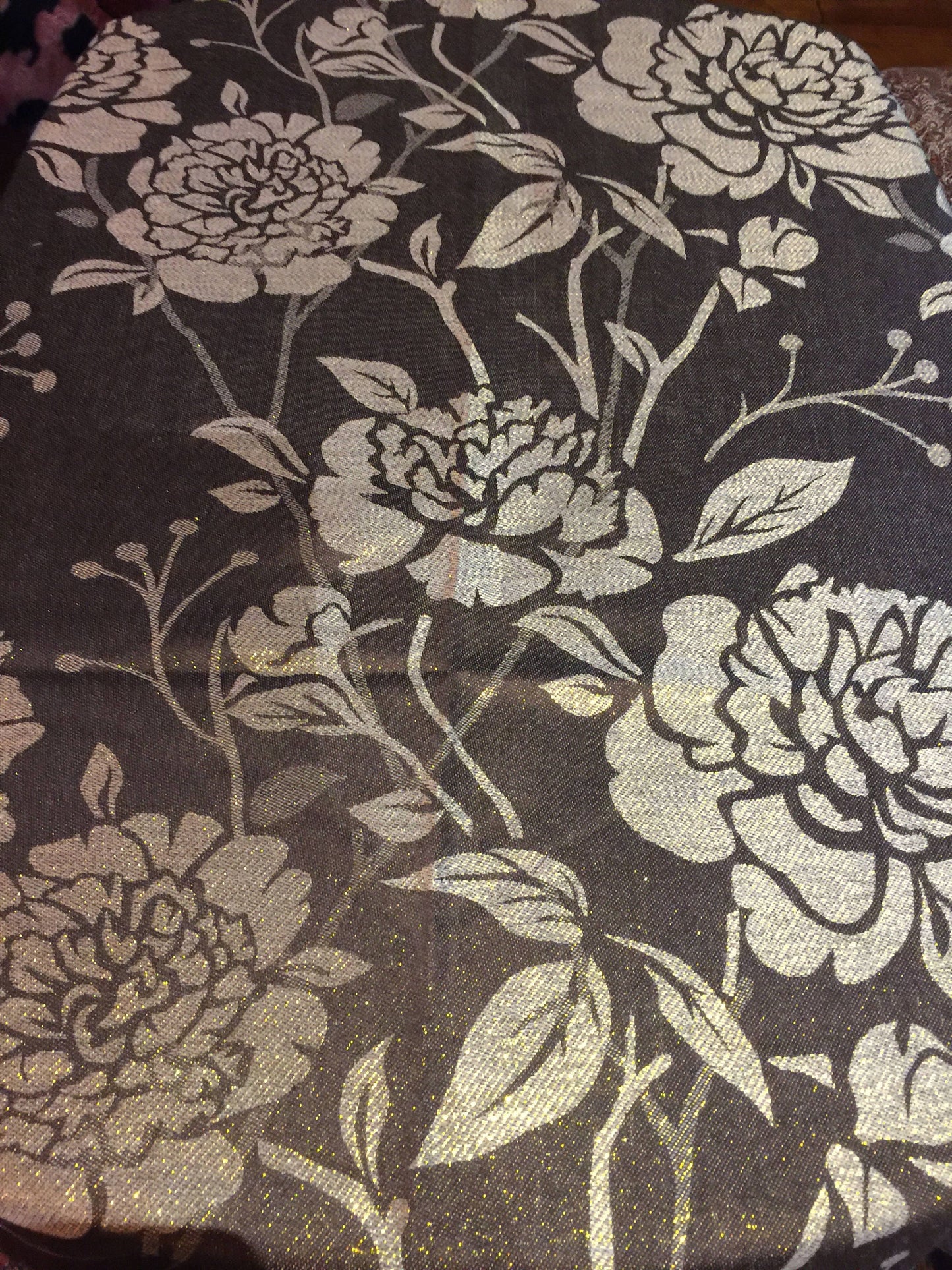 Vintage Brown Gold Flower Brocade Pashmina Scarf Wrap