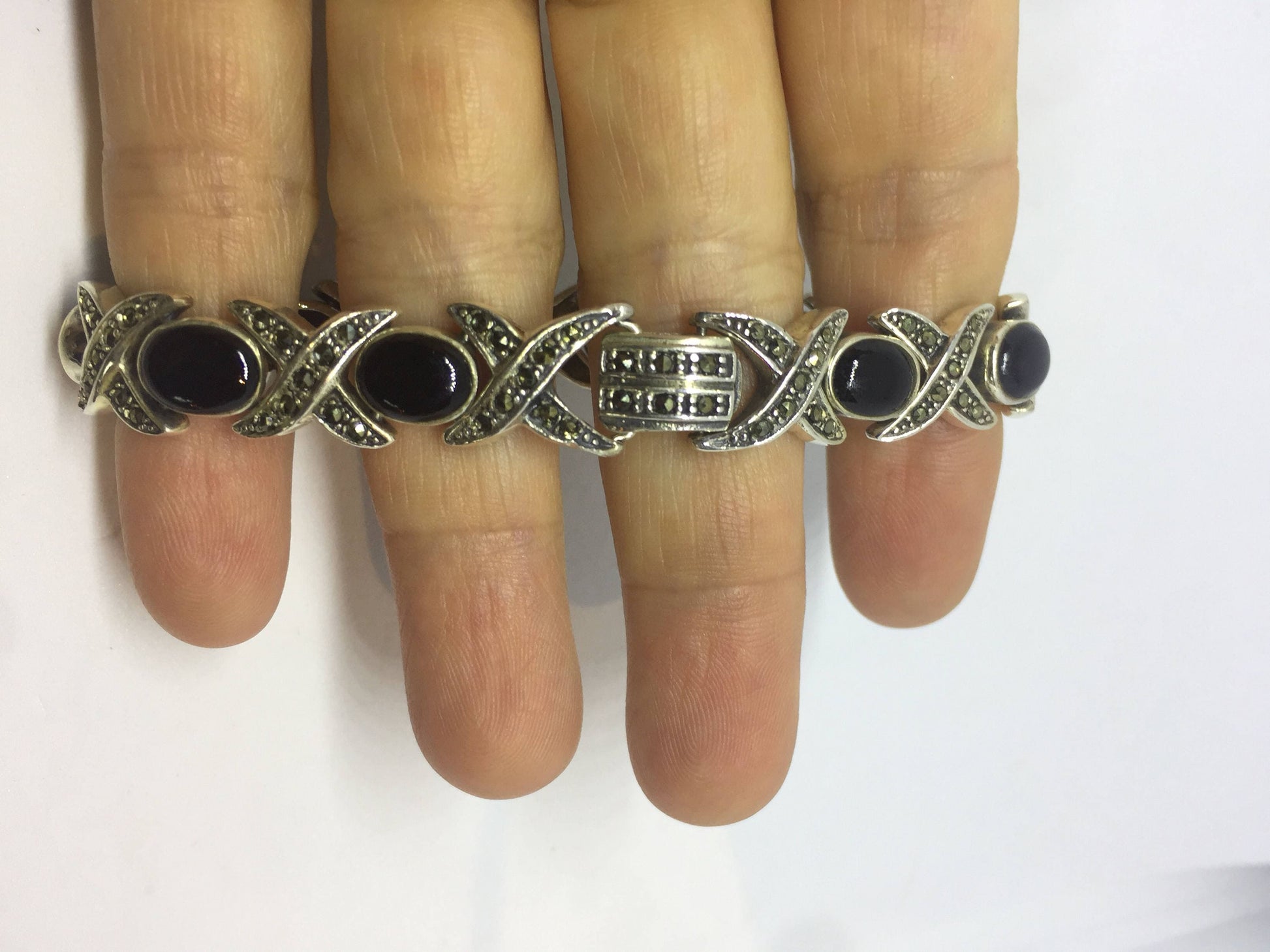 Vintage Silver Bracelet | 925 Sterling Silver Marcasite Black Onyx Bracelet