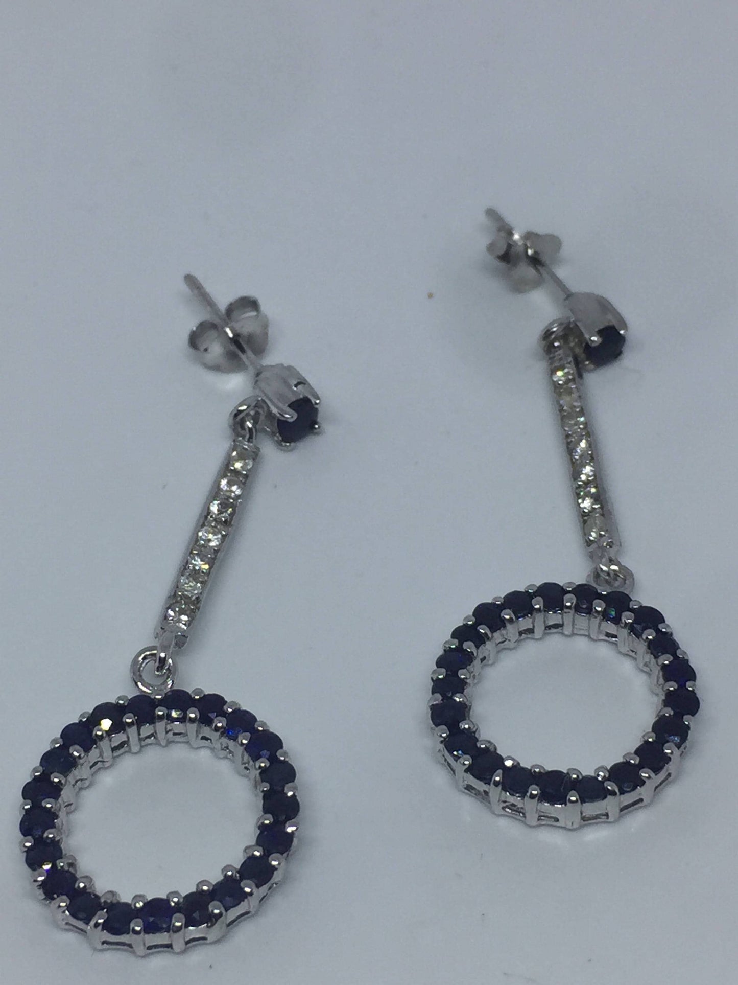 Vintage Handmade Sterling Silver Genuine Deep Blue and White Sapphire Earrings