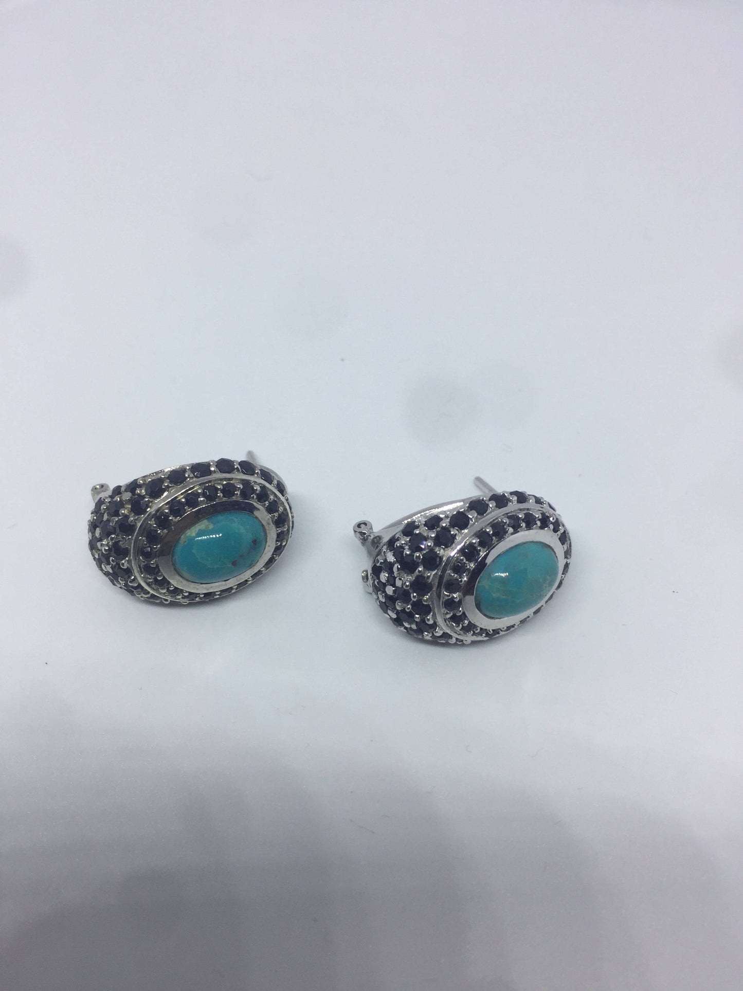 Vintage Handmade Sterling Silver Genuine Deep Blue Sapphire and turquoise Earrings