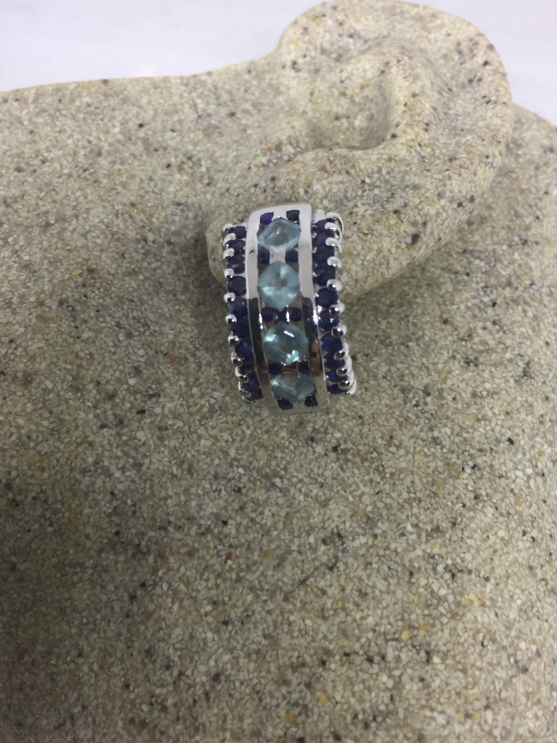 Vintage Handmade Sterling Silver Genuine Deep Blue Sapphire and flurite Earrings