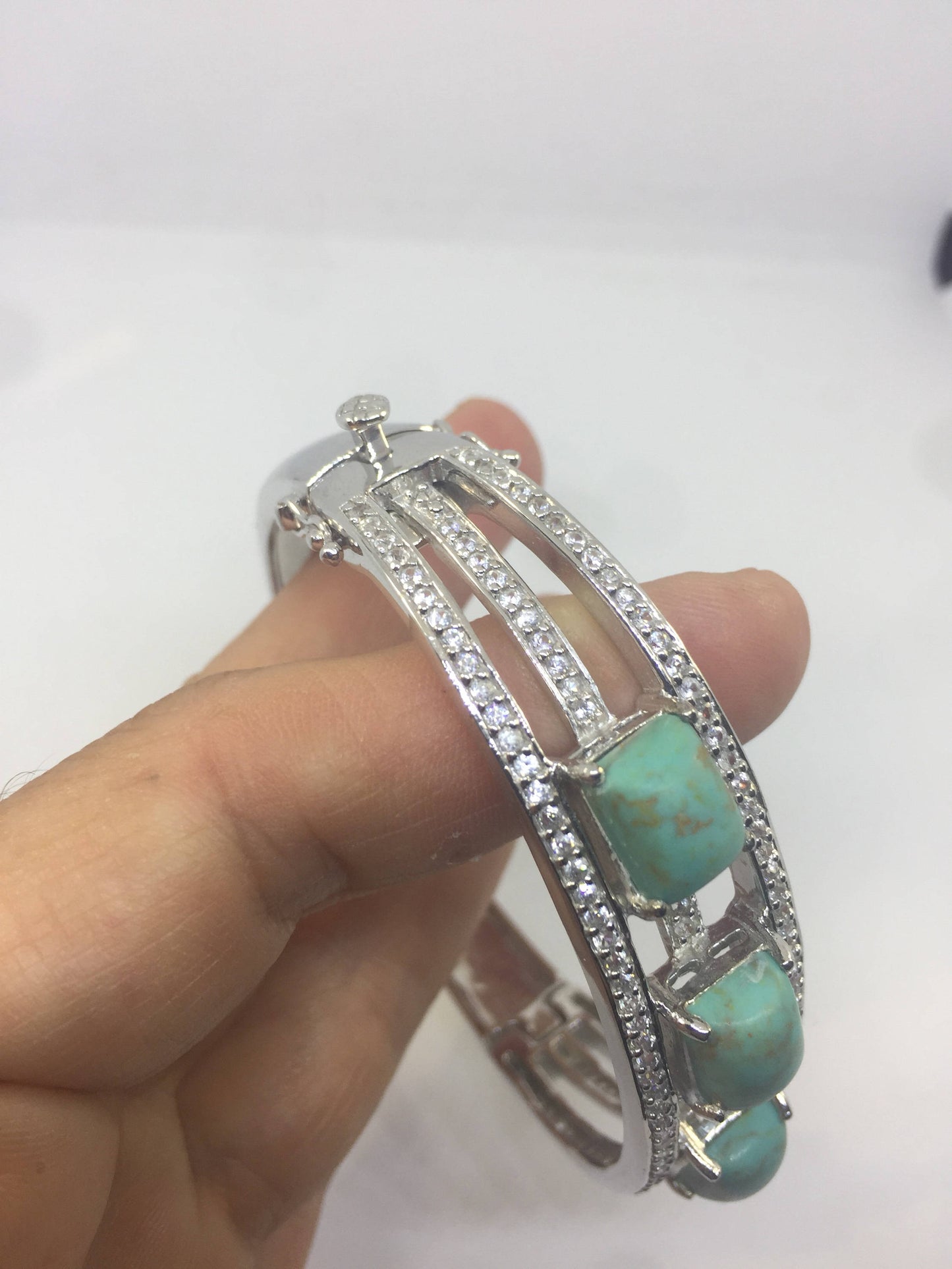 Vintage Victorian 925 Sterling Silver Filigree Persian Turquoise Crystal Bangle Bracelet