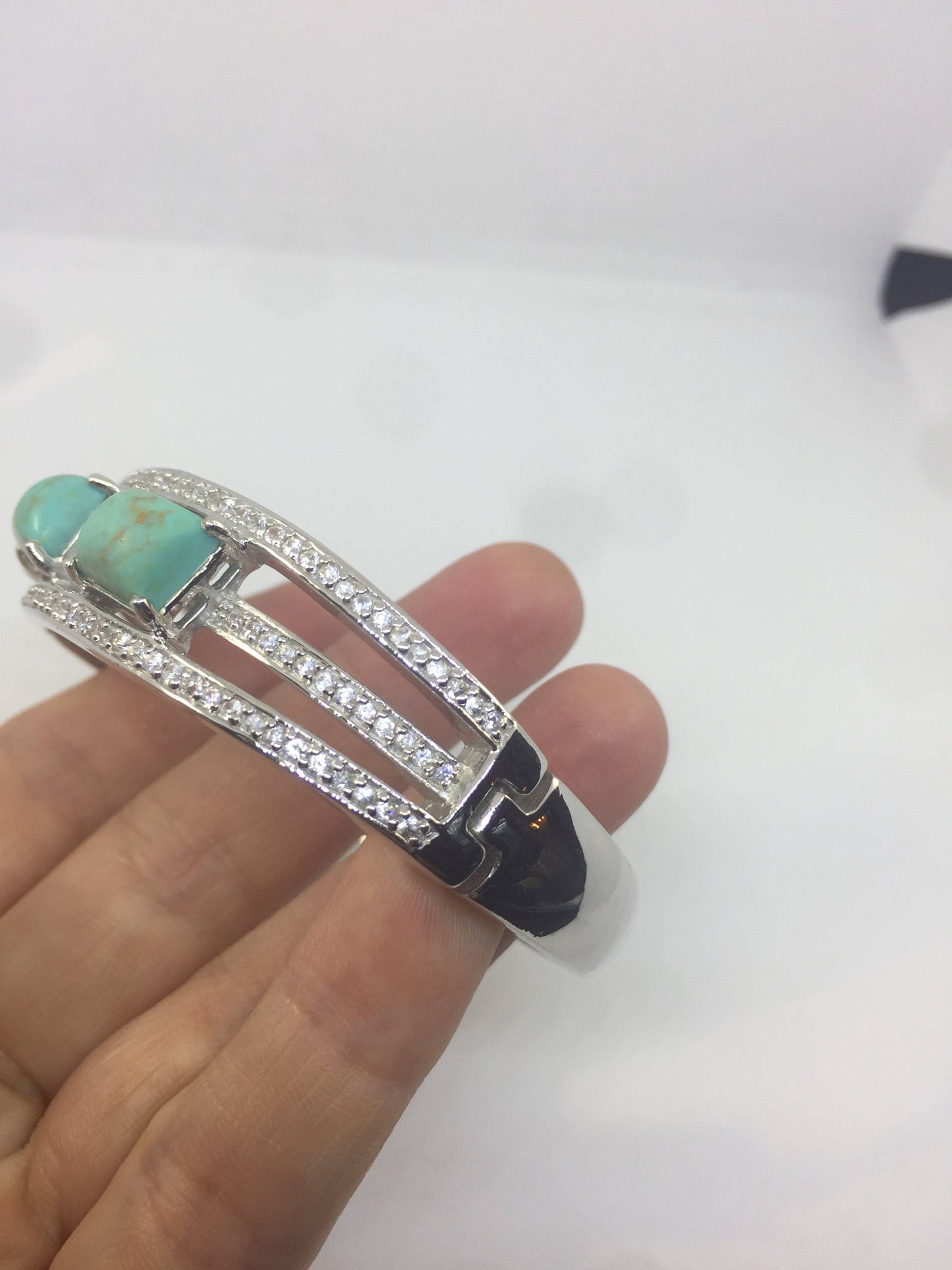 Vintage Victorian 925 Sterling Silver Filigree Persian Turquoise Crystal Bangle Bracelet
