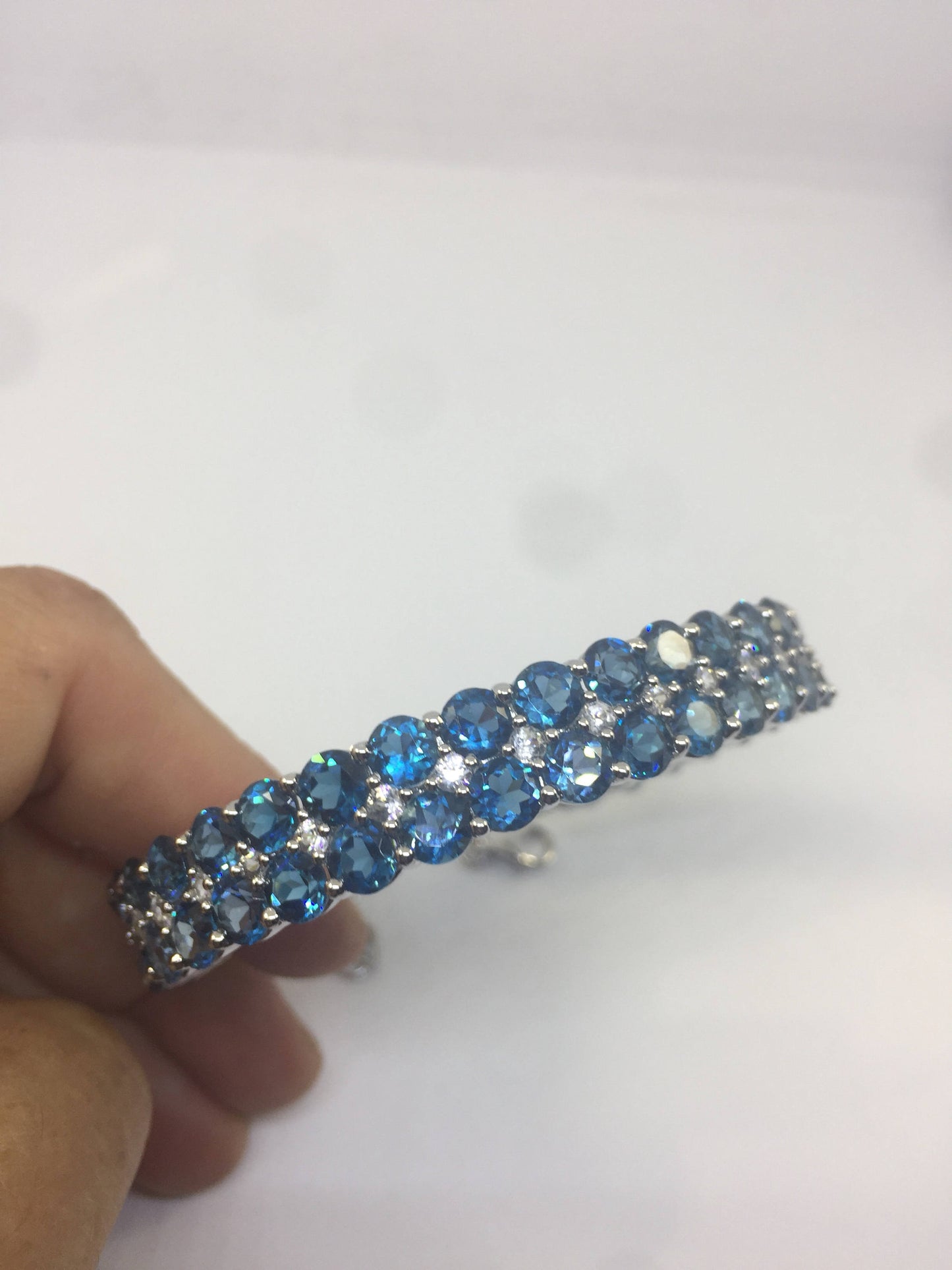 Handmade Genuine Blue Topaz 925 Sterling Silver Bangle Bracelet