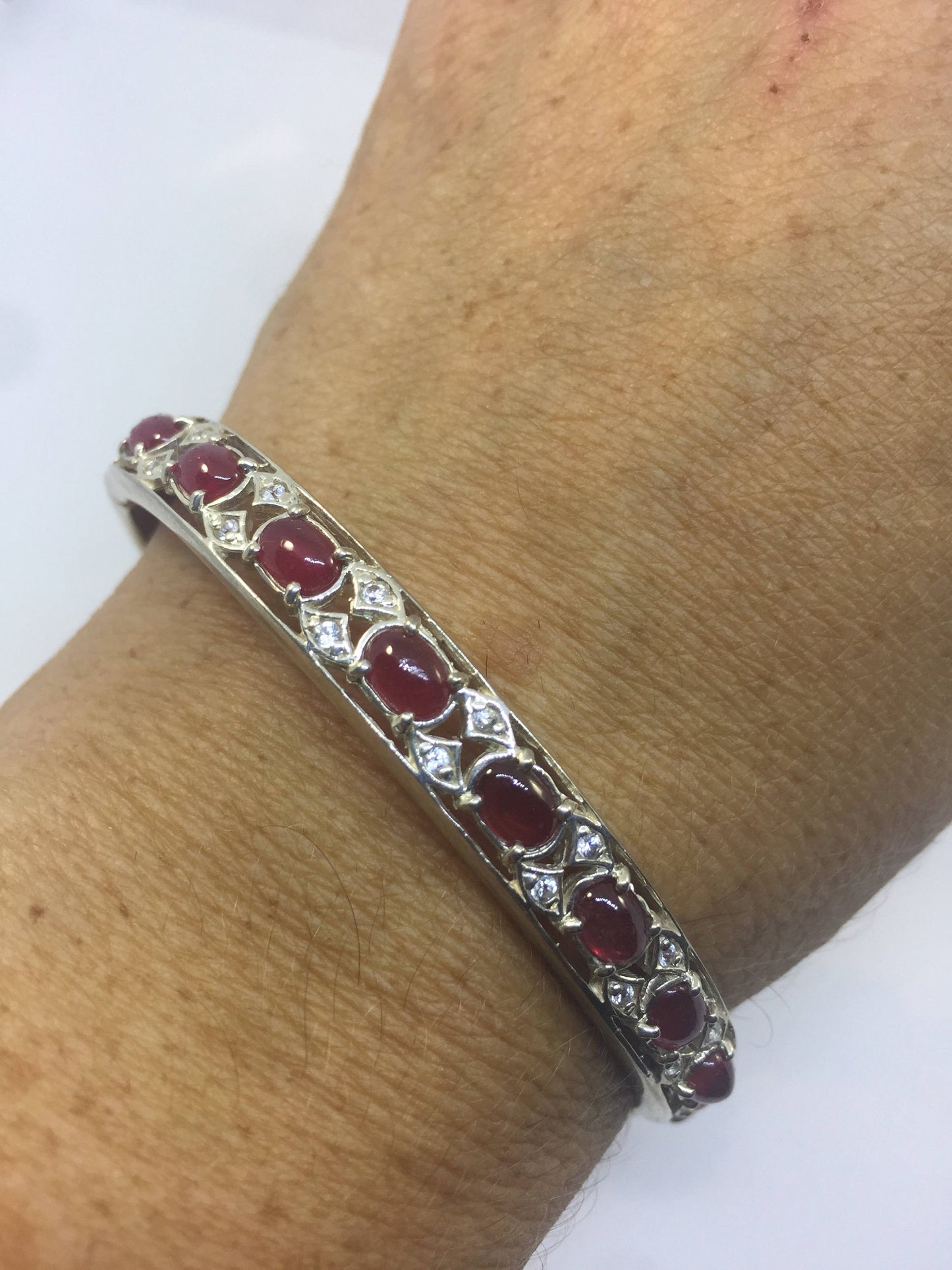 Handmade Genuine White Sapphire and Ruby in 925 Sterling Silver Bangle Bracelet