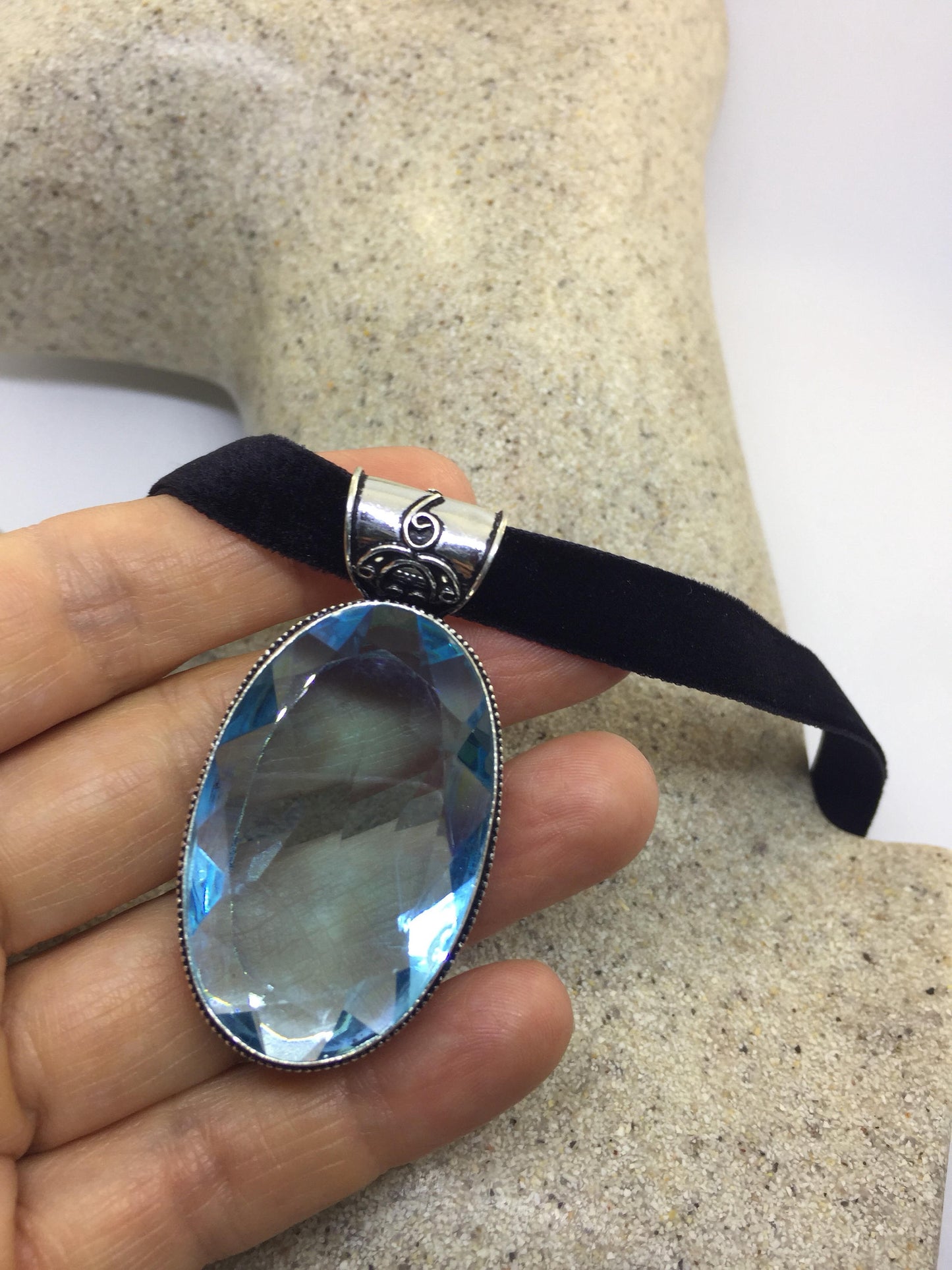 Blue Handmade Gothic Styled Silver Finished Genuine Facetted Antique Volcanic Glass Choker Necklace