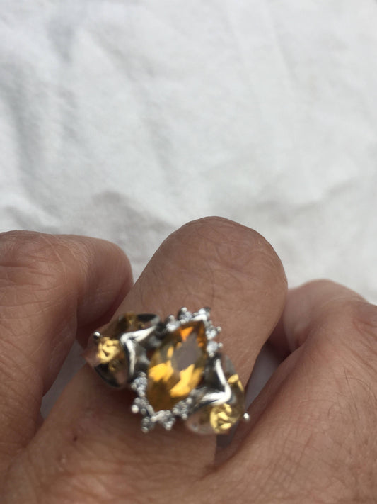 Vintage Gothic Golden Citrine Golden 925 Sterling Silver Ring