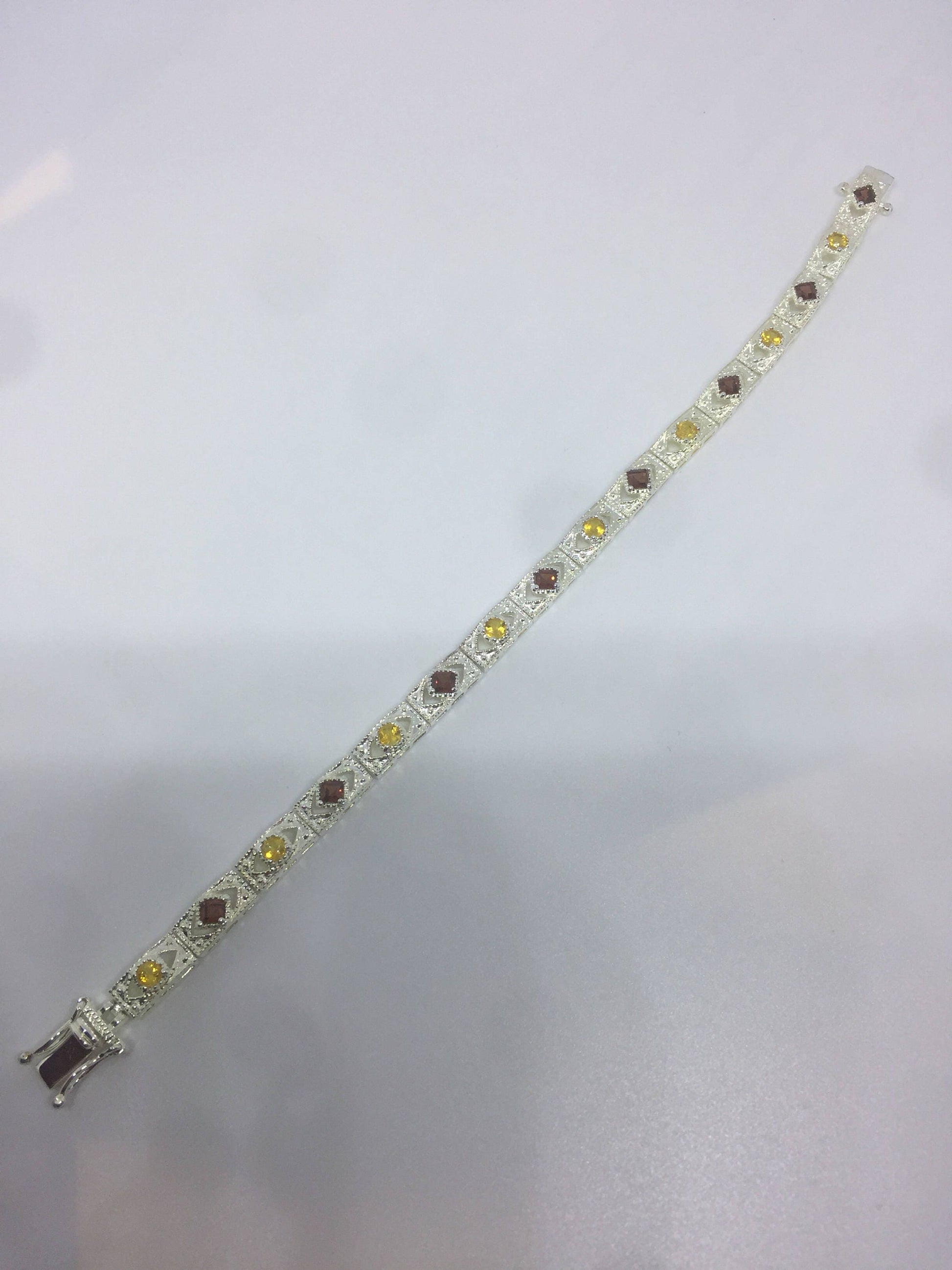 Vintage Citrine Garnet Tennis Bracelet in 925 Sterling Silver