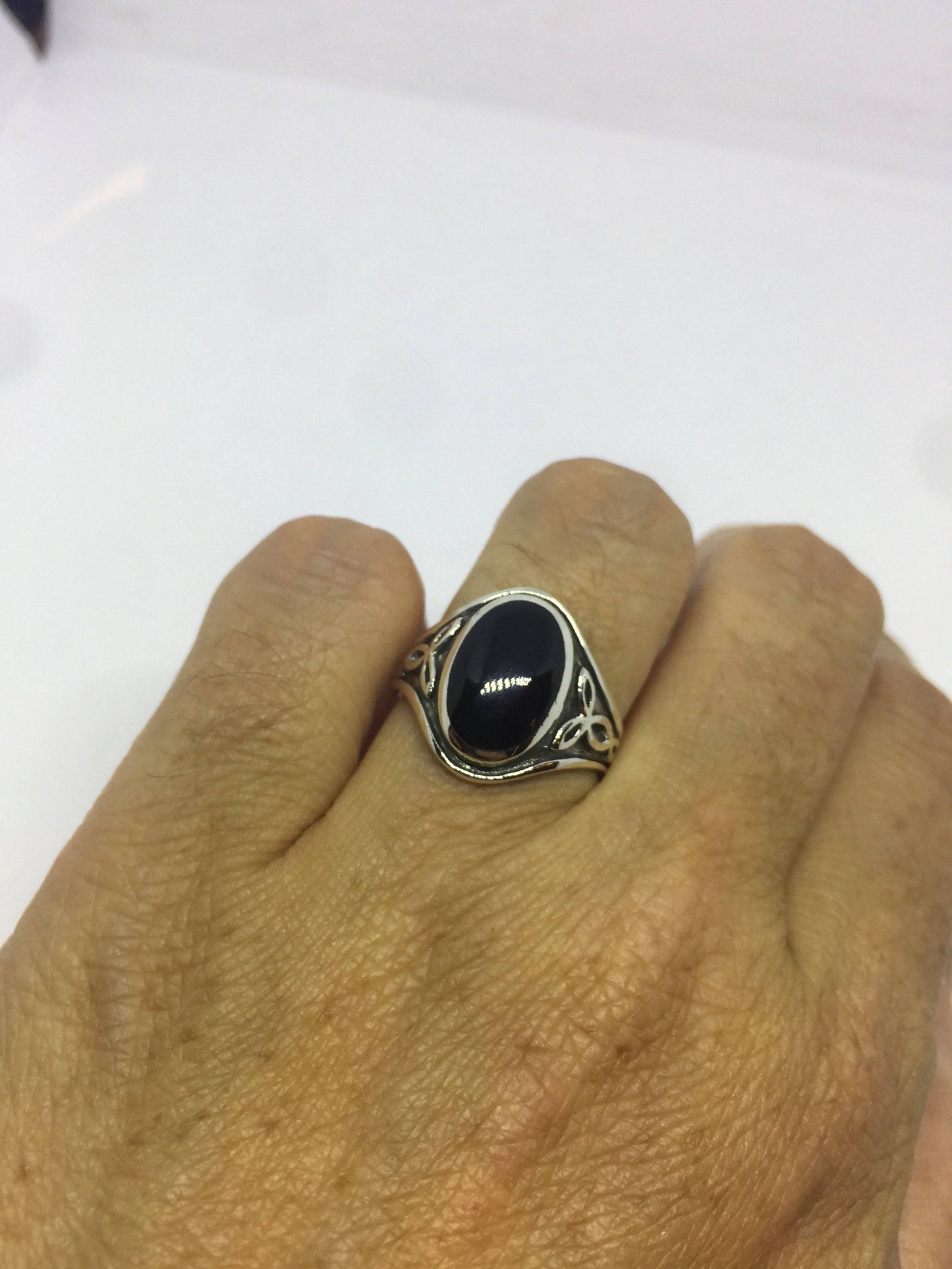 Vintage Celtic Genuine Black Onyx 925 Sterling Silver Ring