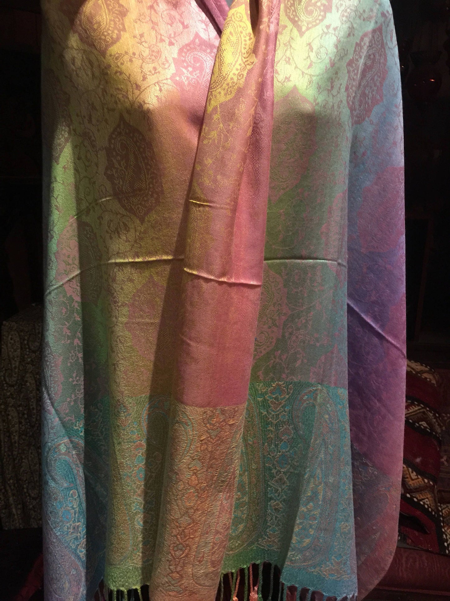 Vintage Pastel Rainbow pride Paisley Brocade Pashmina Scarf Wrap Shawl