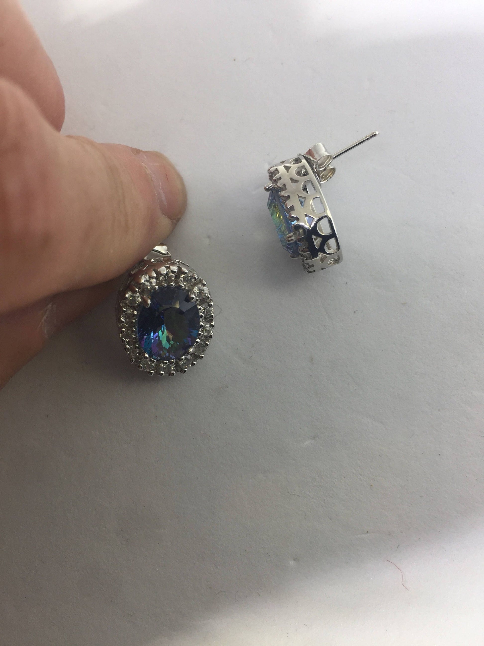 Vintage Handmade 925 Sterling Silver Deep Blue Mystic Topaz Stud Earrings