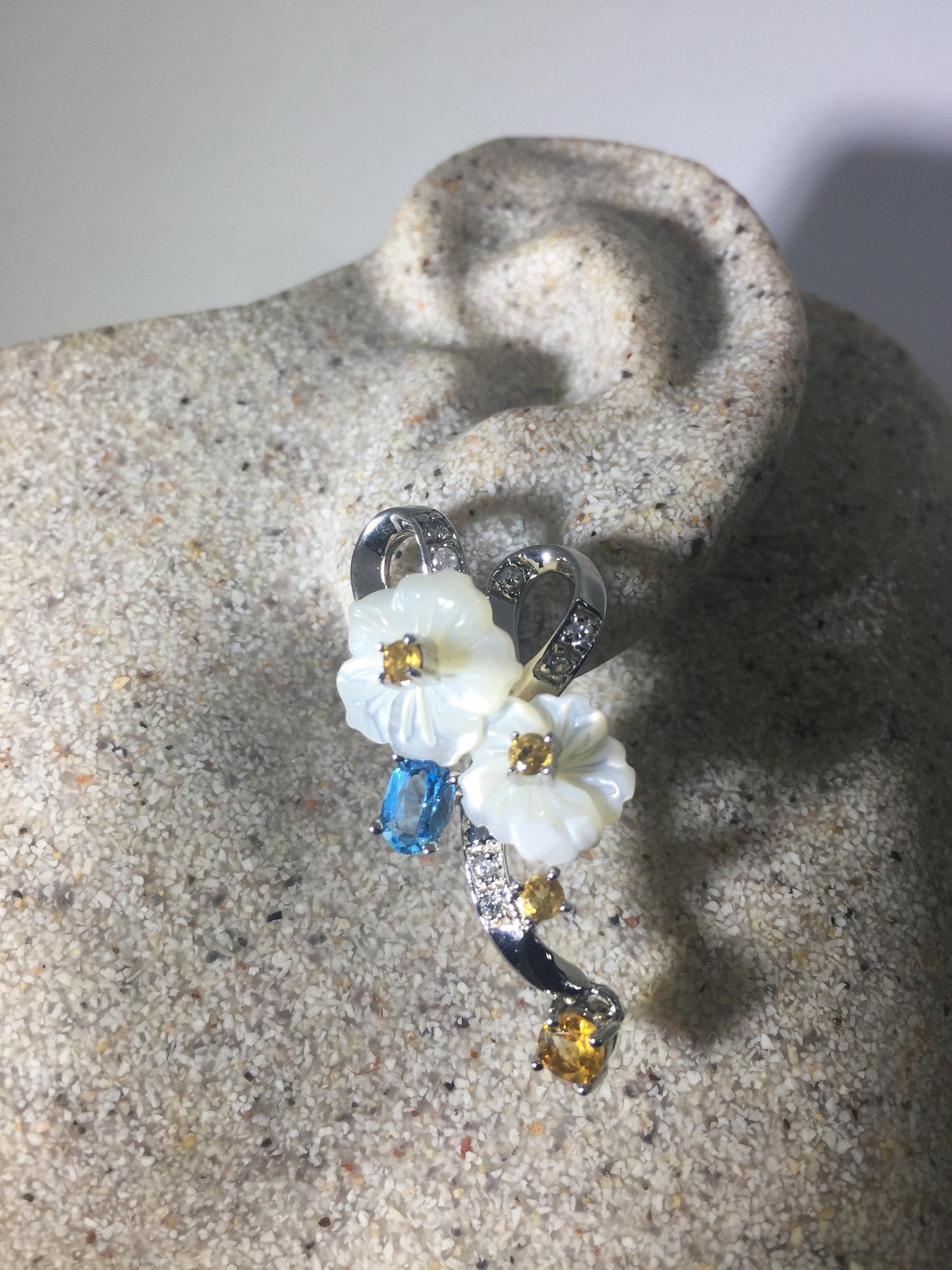 Vintage Genuine Gemstone Mother of Pearl Flower 925 Sterling Silver Dangle Earrings