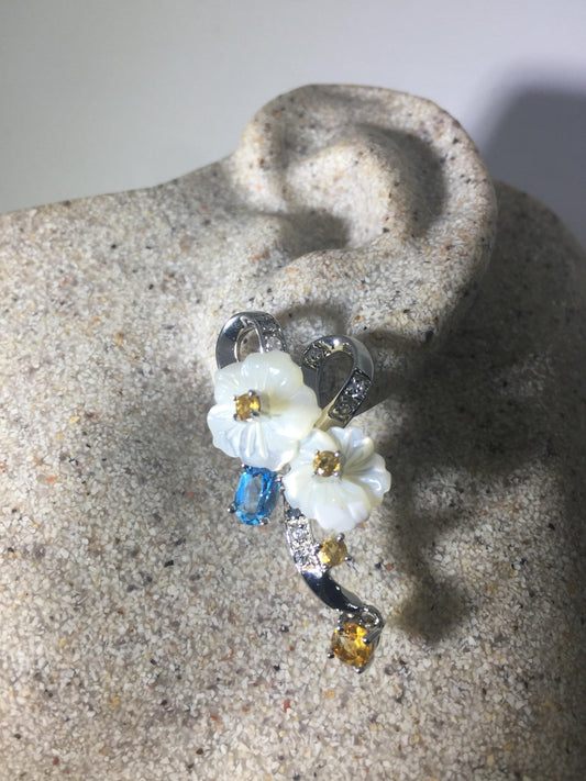 Vintage Genuine Gemstone Mother of Pearl Flower 925 Sterling Silver Dangle Earrings