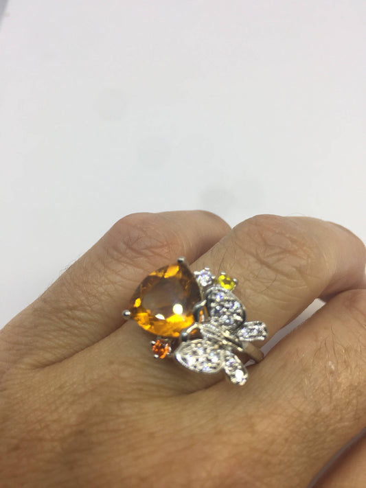 Vintage Handmade Golden Genuine Citrine 925 Sterling Silver Gothic Ring