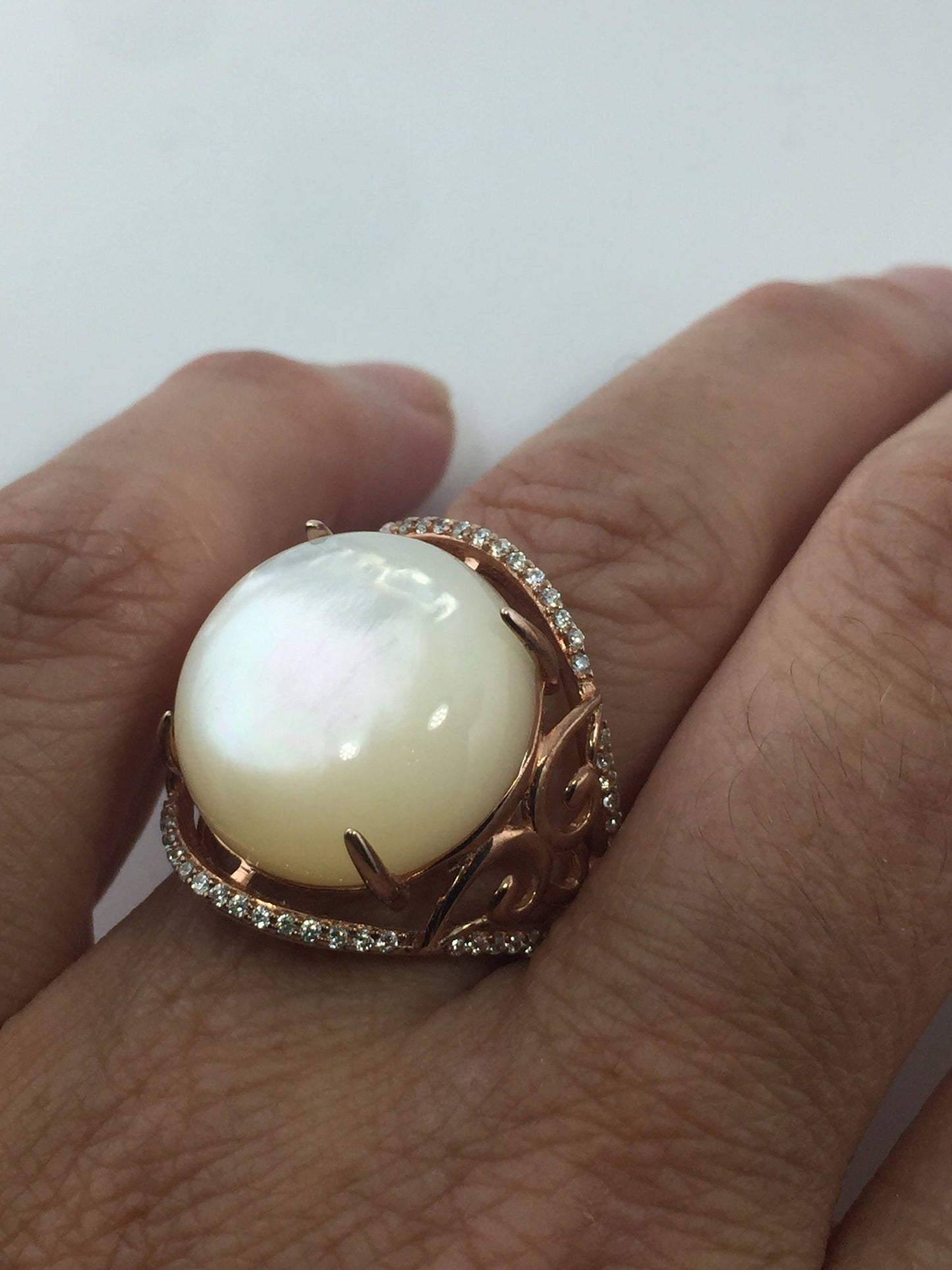 Vintage Genuine Mother of Pearl Rose Gold 925 Sterling Silver Ring