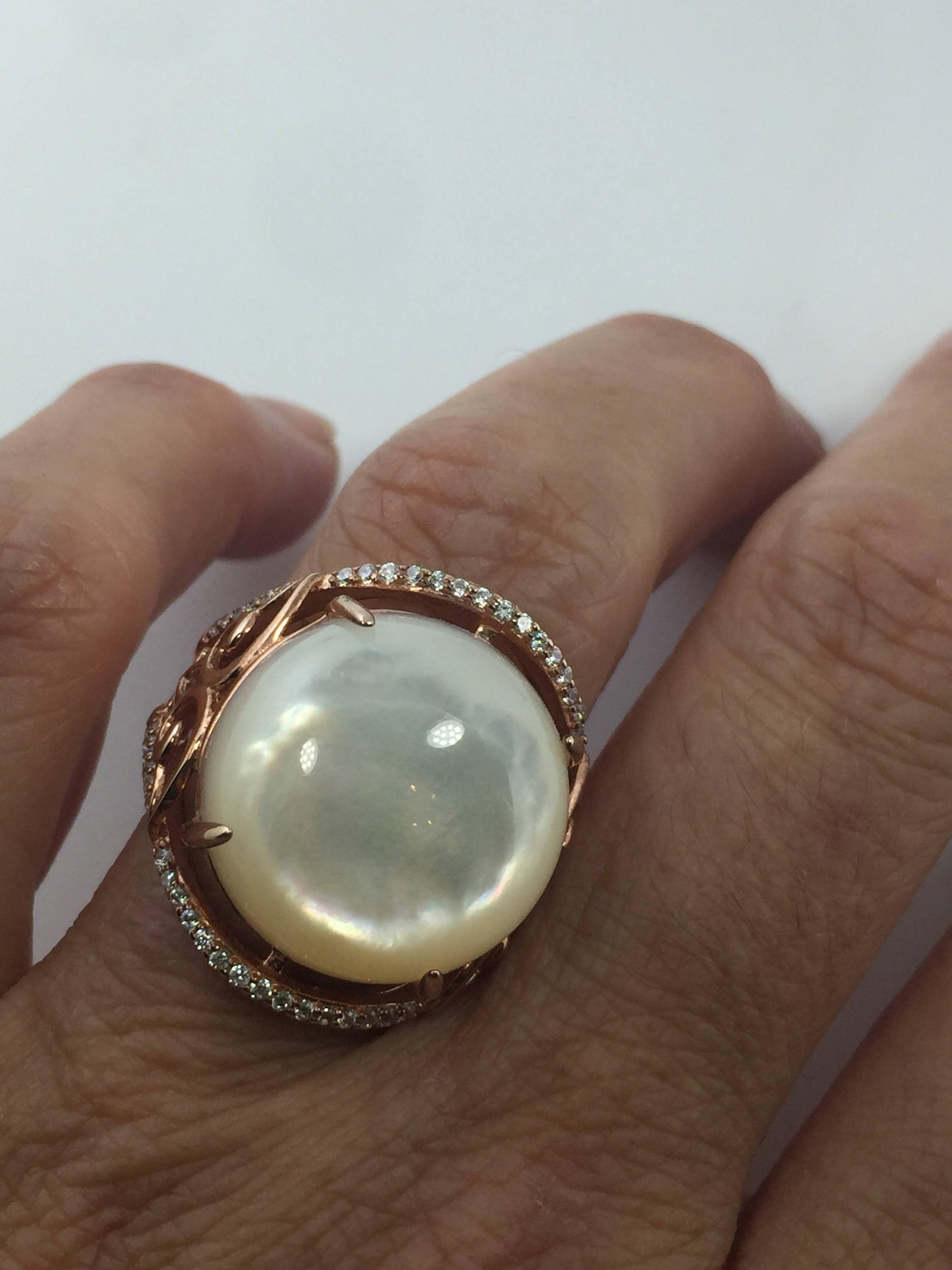Vintage Genuine Mother of Pearl Rose Gold 925 Sterling Silver Ring