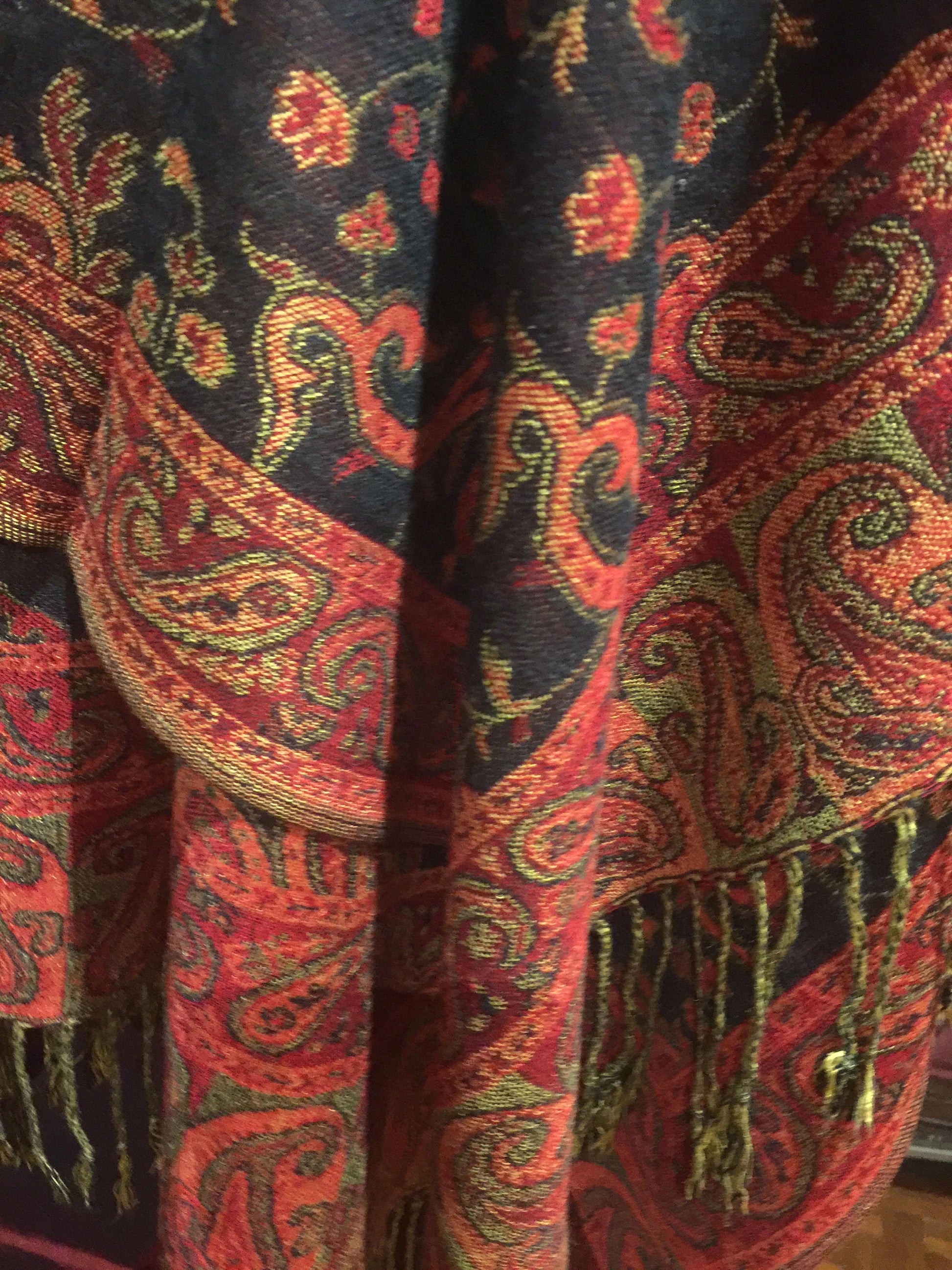 Vintage Black and Burgundy Paisley Brocade Pashmina Scarf Wrap Shawl