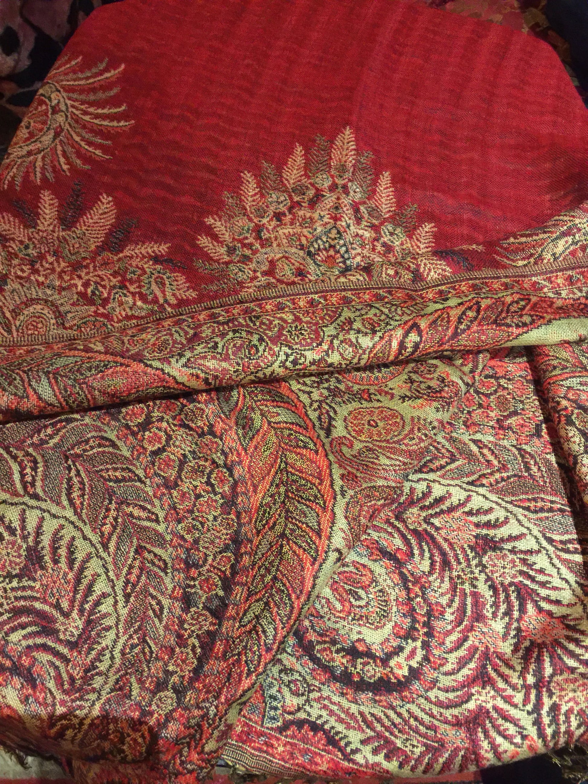 Vintage Burgundy Red Beige Paisley Brocade Pashmina Scarf Wrap Shawl