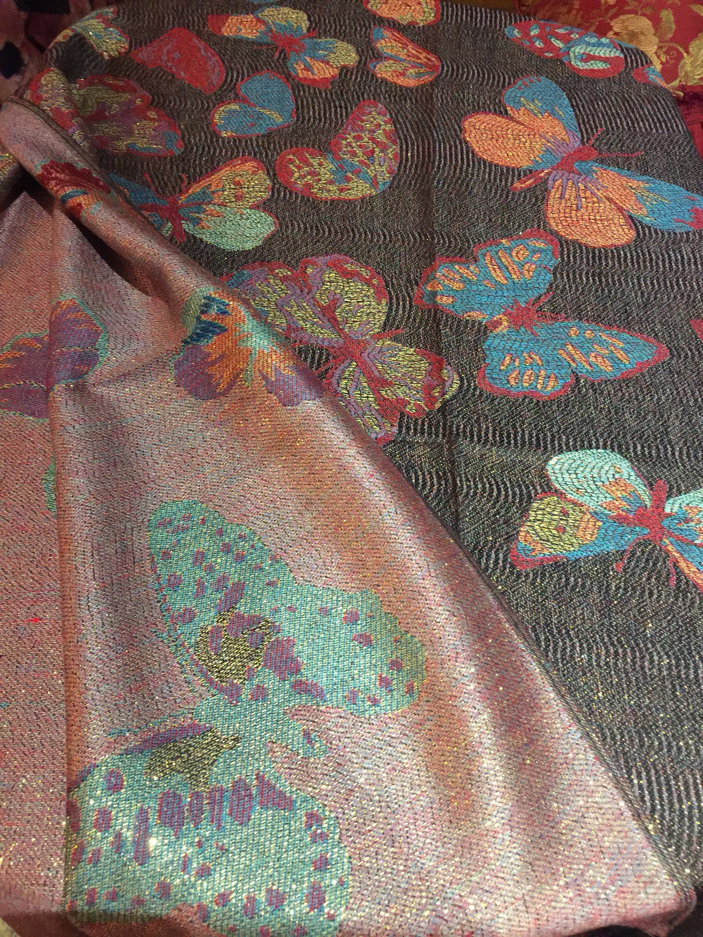 Nemesis Vintage Black Gold Butterfly Brocade Pashmina Scarf Wrap