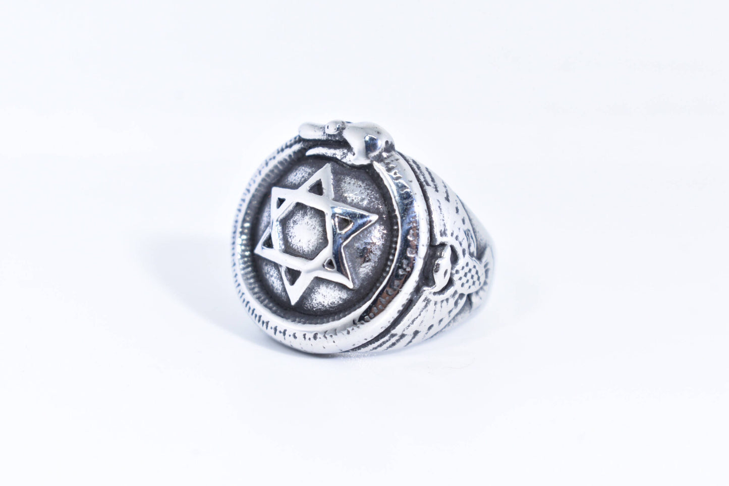 Vintage Gothic Silver Stainless Steel Star of David with Snake Mens Ring