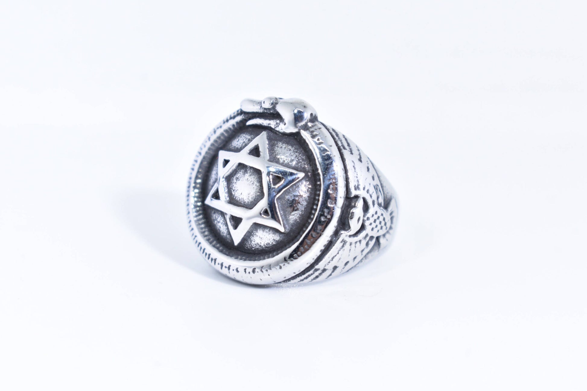 Vintage Gothic Silver Stainless Steel Star of David with Snake Mens Ring