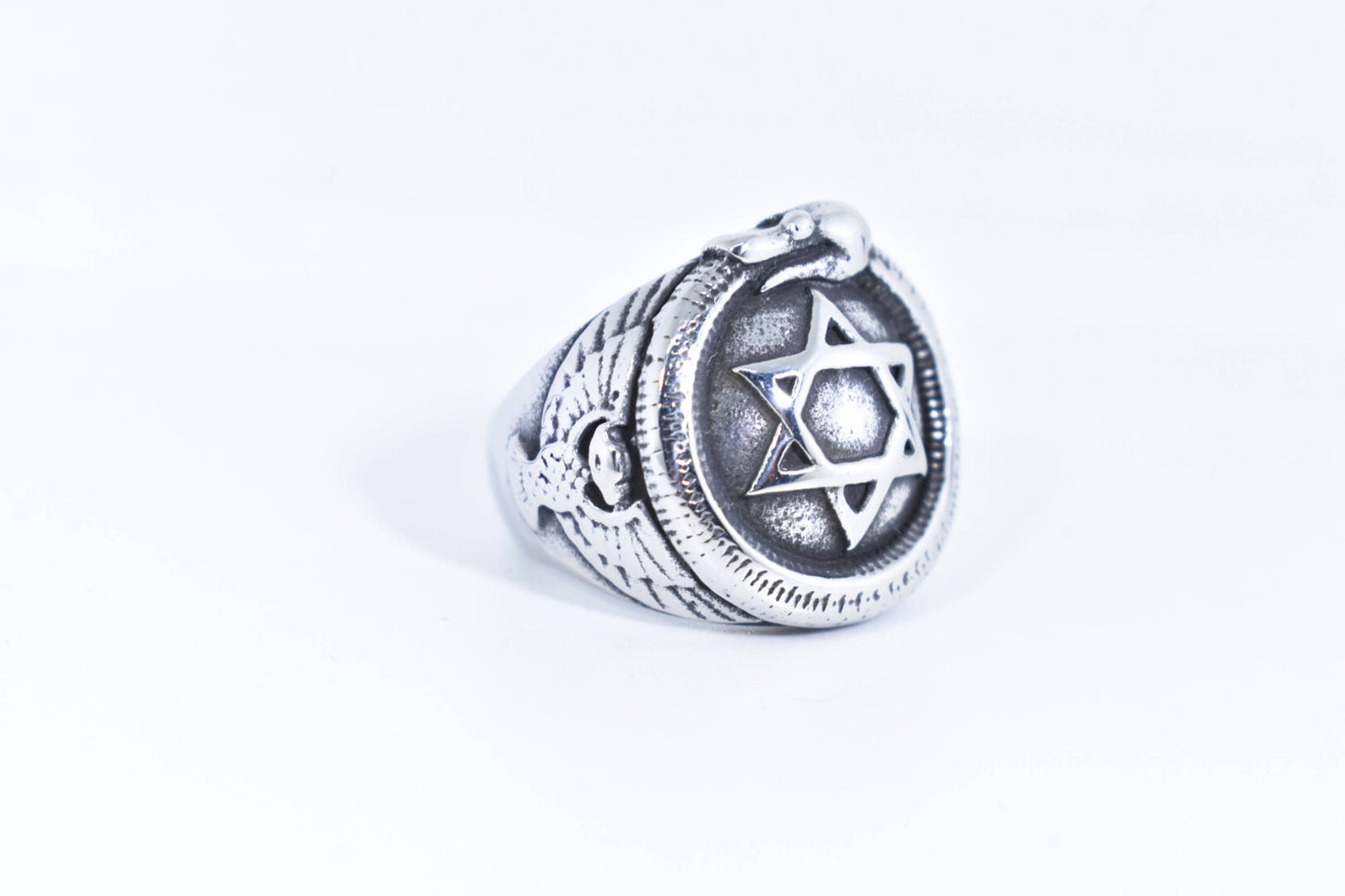 Vintage Gothic Silver Stainless Steel Star of David with Snake Mens Ring