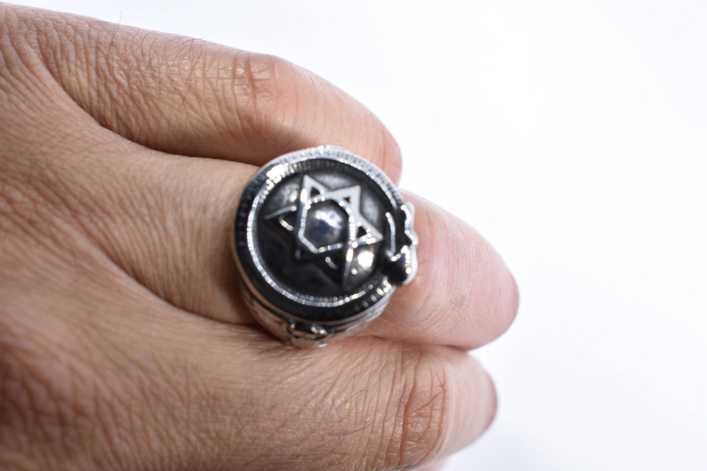 Vintage Gothic Silver Stainless Steel Star of David with Snake Mens Ring