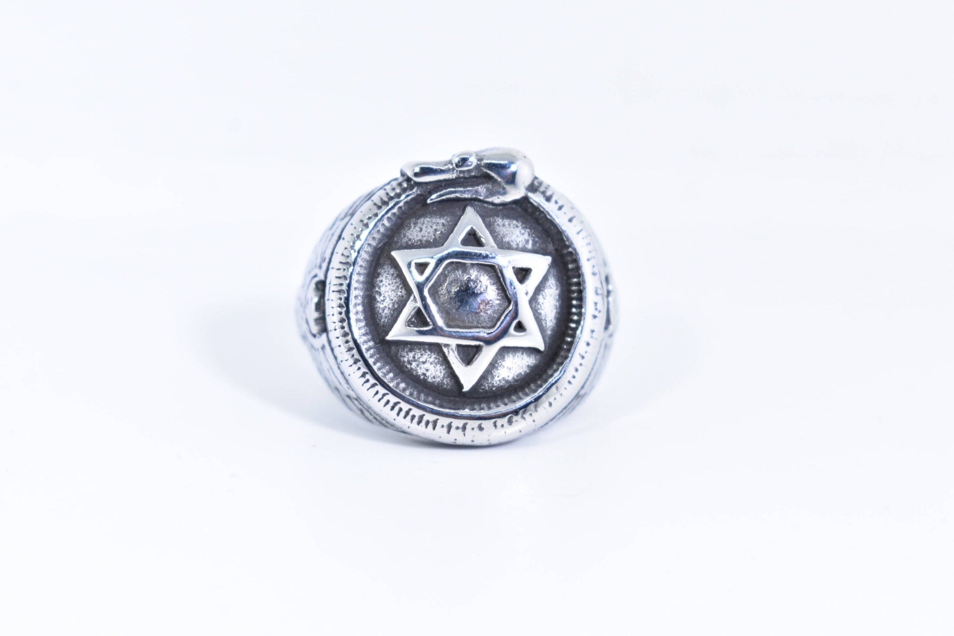 Vintage Gothic Silver Stainless Steel Star of David with Snake Mens Ring