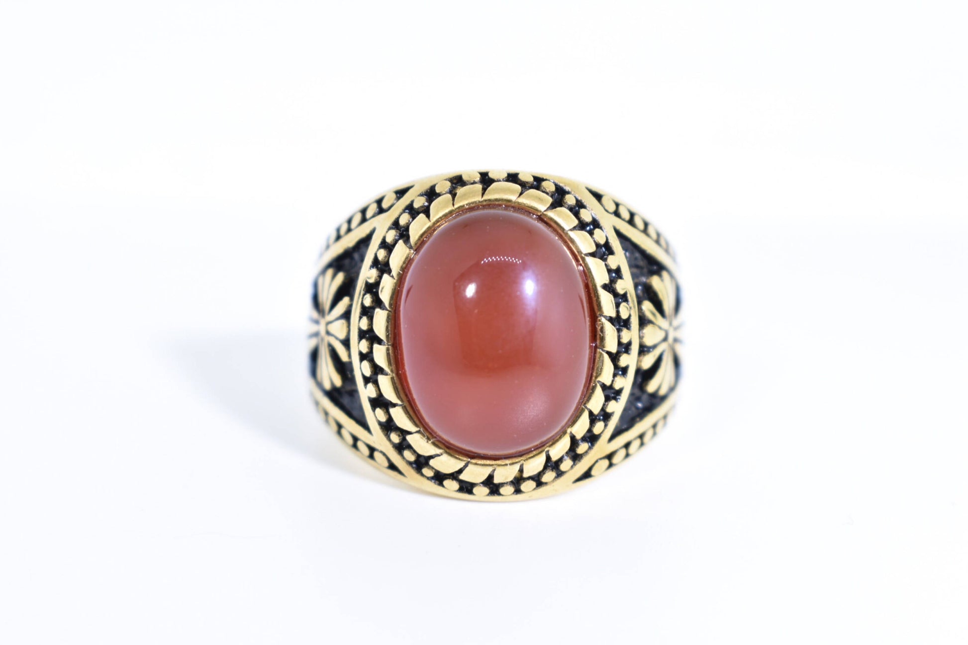 Vintage Gothic Gold Finished Genuine Red Carnelian Cross Mens Ring