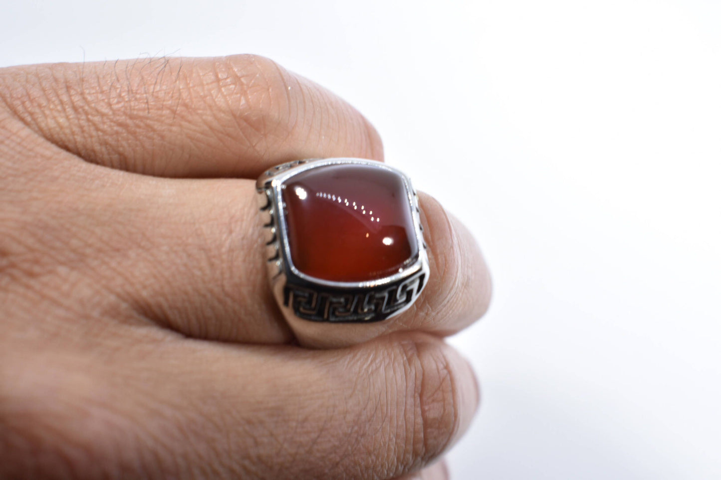 Vintage Gothic Silver Stainless Steel Genuine Red Carnelian Mens Ring