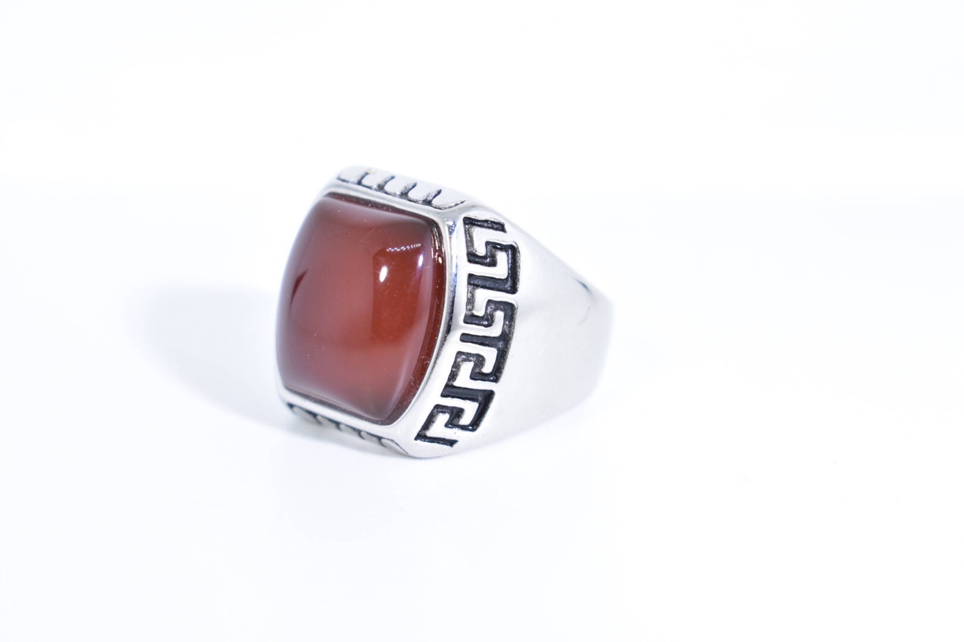 Vintage Gothic Silver Stainless Steel Genuine Red Carnelian Mens Ring