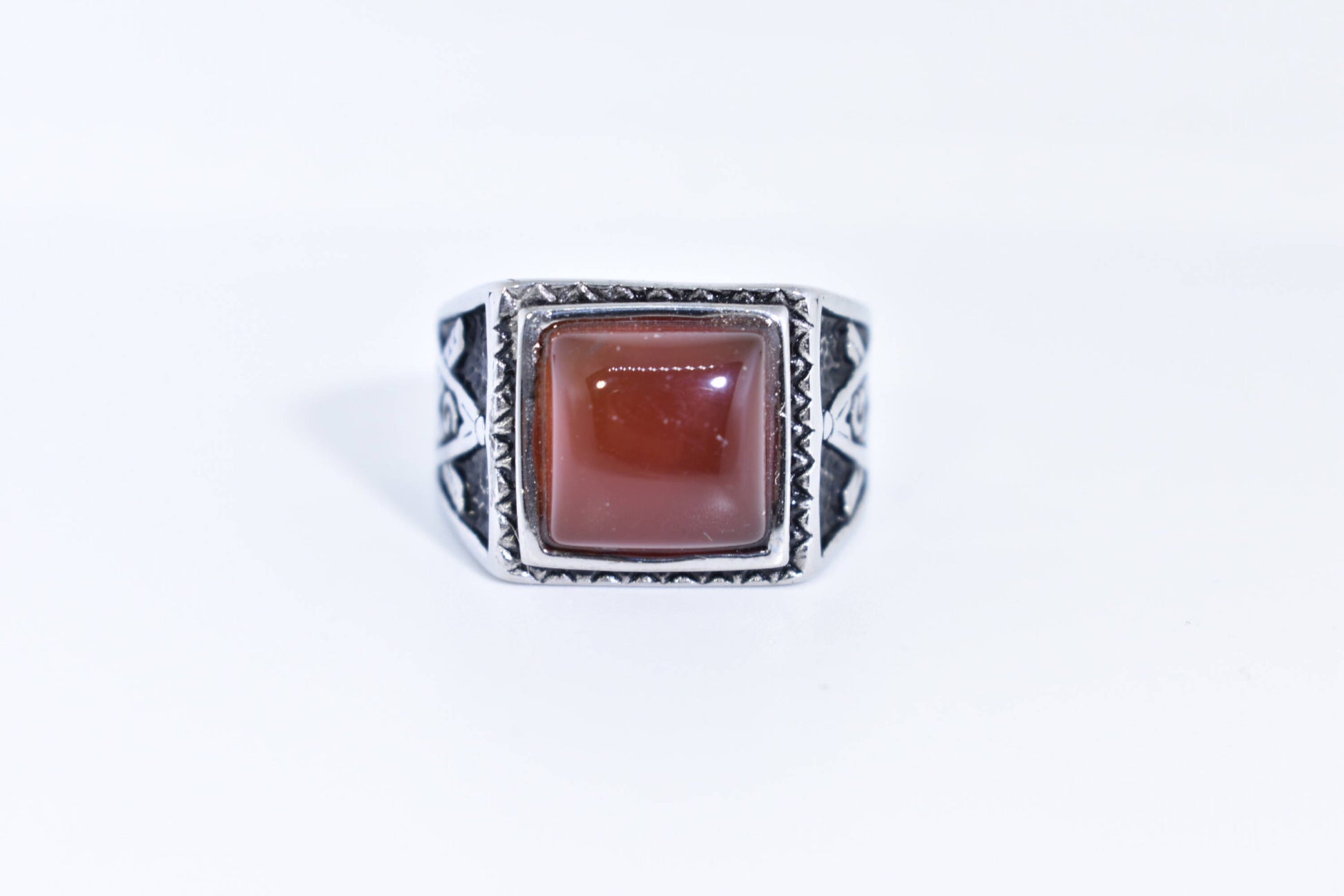 Vintage Gothic Silver Genuine Red Carnelian Free Mason Mens Ring