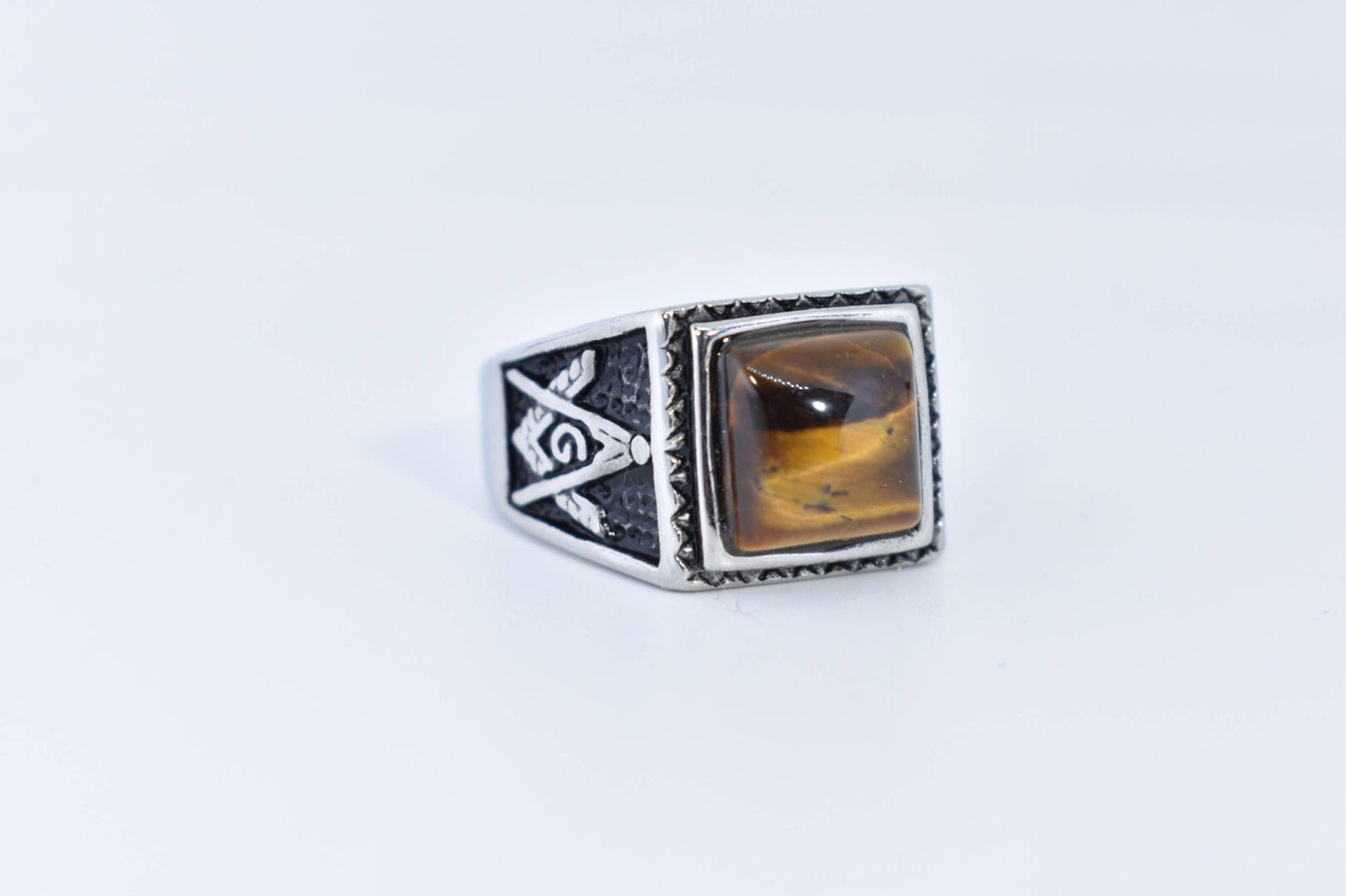 Vintage Gothic Gold Finished Stainless Steel Genuine Tigers Eye Free Mason Ring