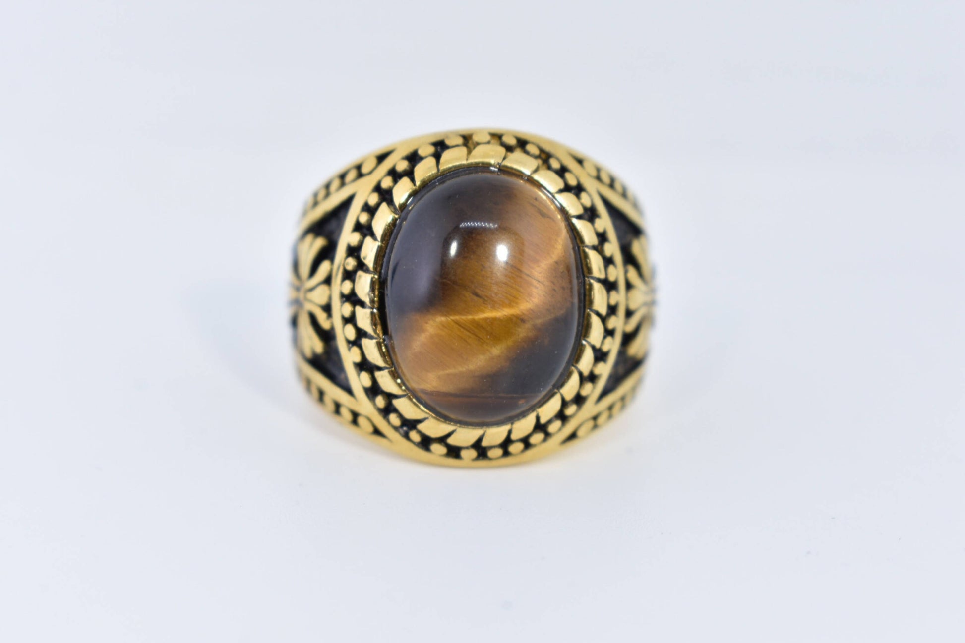 Vintage Gothic Stainless Steel Genuine Tigers Eye Ring