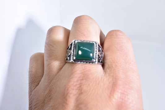 Vintage Gothic Silver Stainless Steel Genuine Green Onyx Free Mason Mens Ring