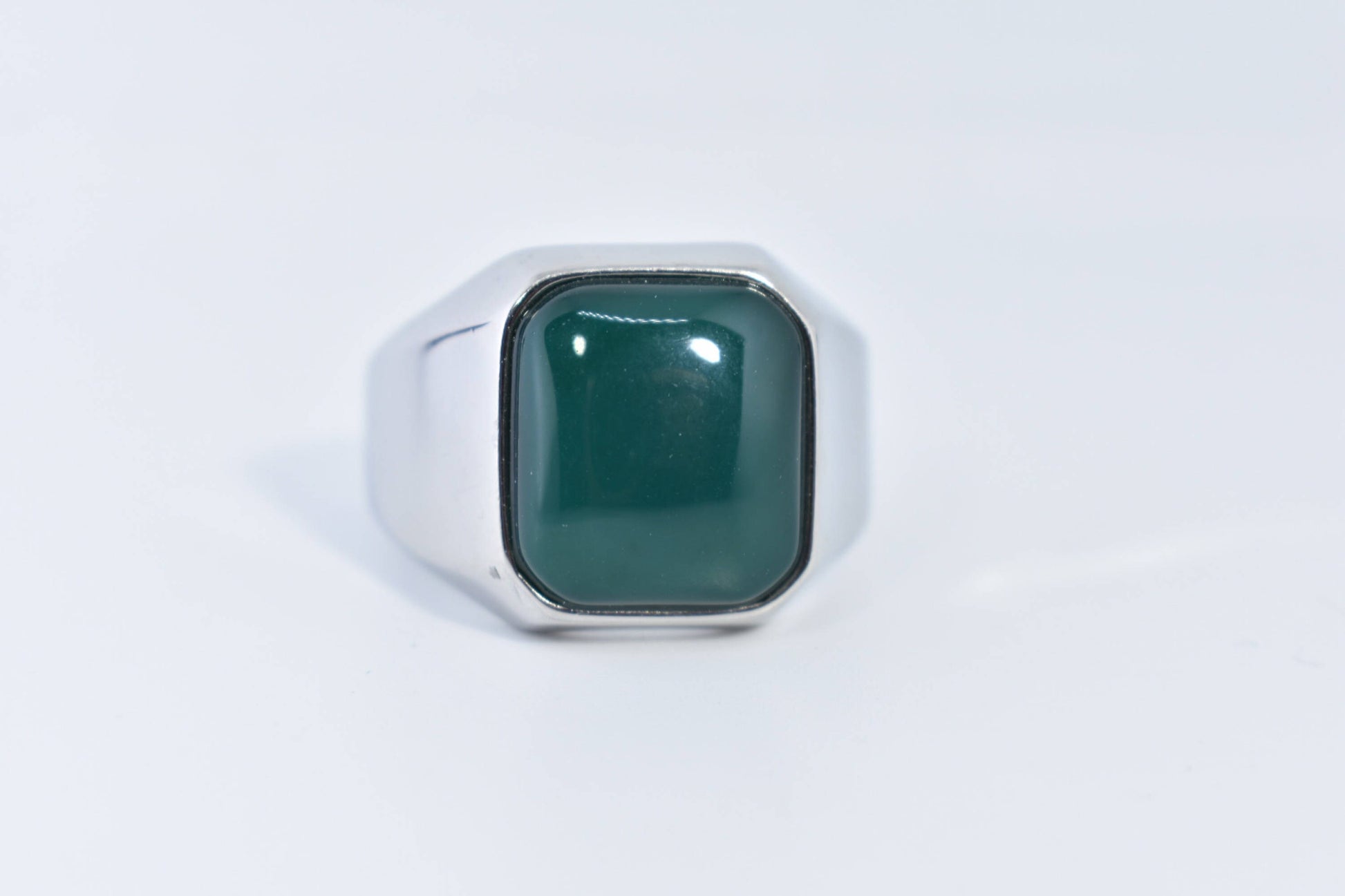 Vintage Silver Stainless Steel Genuine Green Onyx Mens Ring