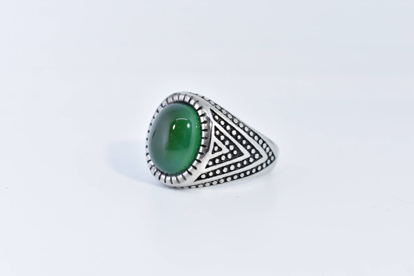 Vintage Gothic Silver Stainless Steel Genuine Green Onyx Mens Ring