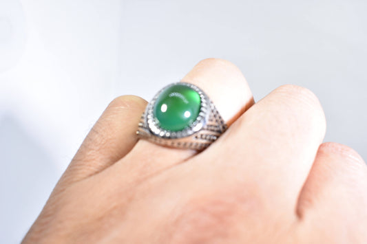 Vintage Gothic Silver Stainless Steel Genuine Green Onyx Mens Ring