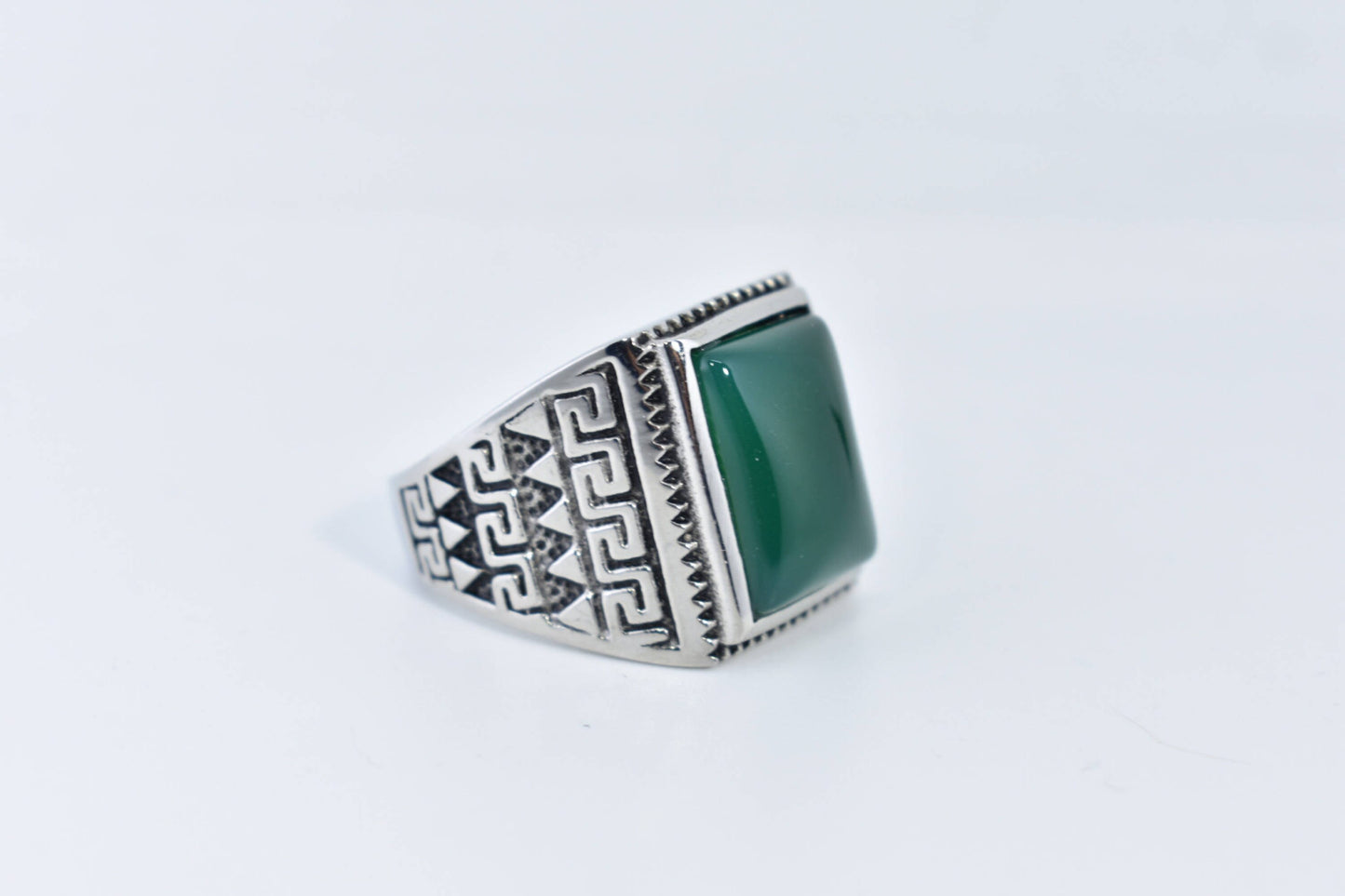Vintage Gothic Silver Stainless Steel Genuine Green Onyx Men's Ring